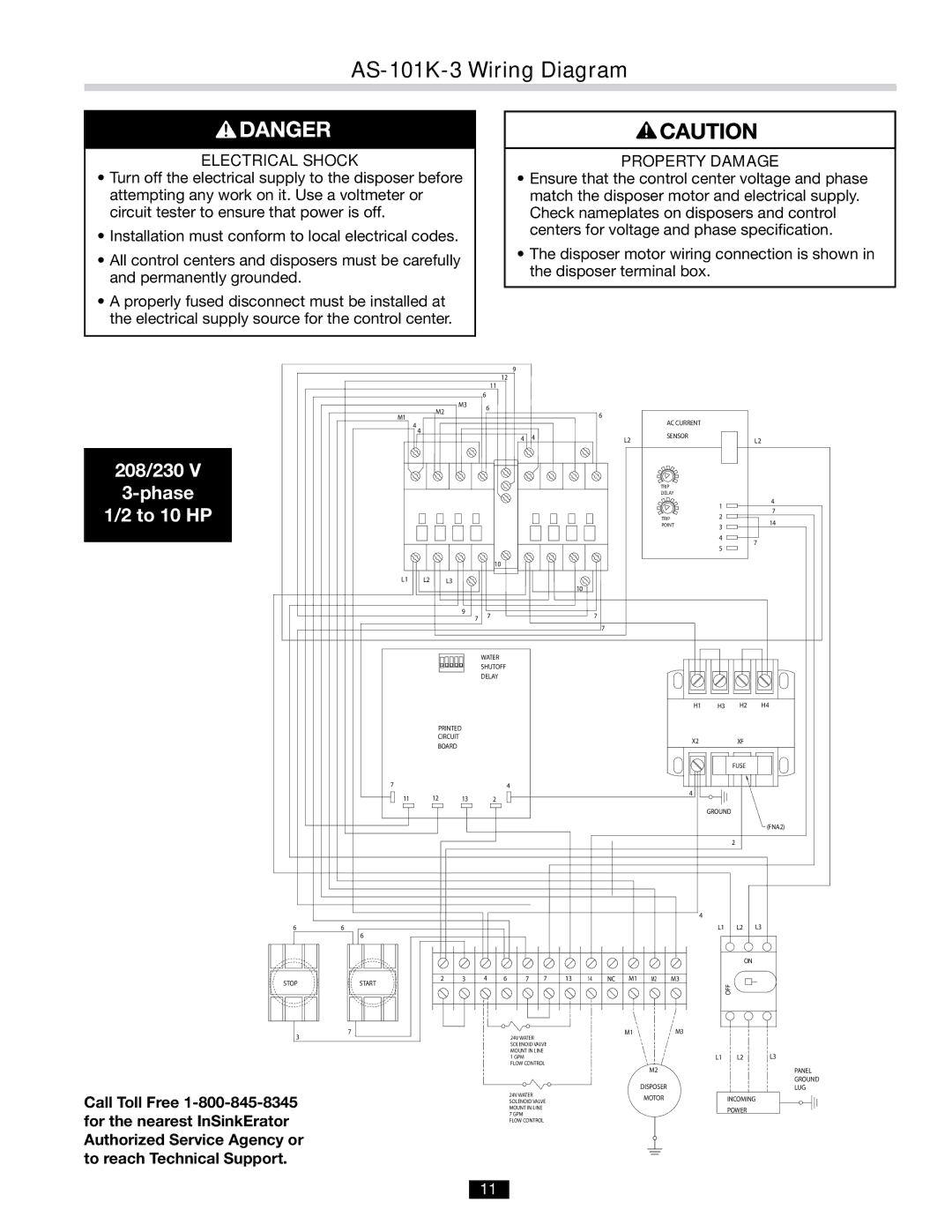 InSinkErator installation manual AS-101K-3 Wiring Diagram, 208/230 Phase To 10 HP 