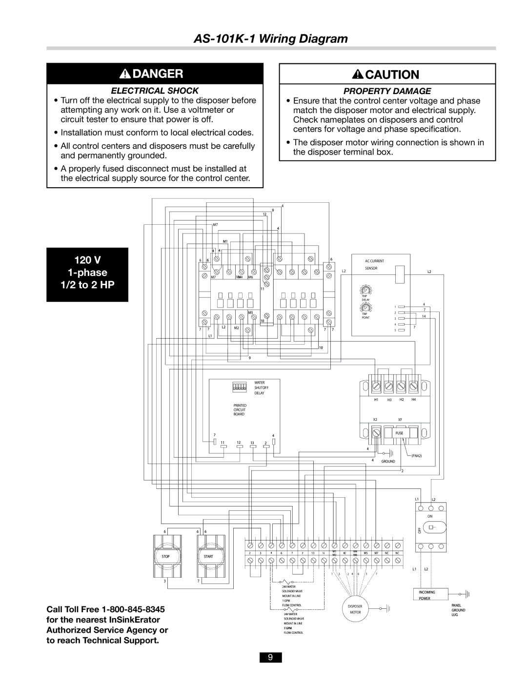 InSinkErator installation manual AS-101K-1 Wiring Diagram, To 2 HP 