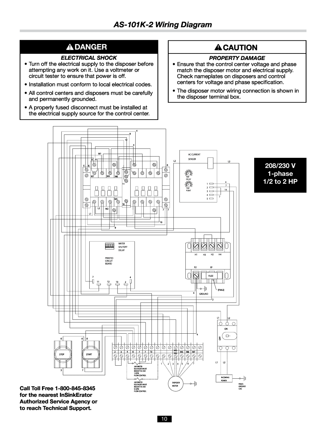InSinkErator AS-101K-2 Wiring Diagram, 208/230 1-phase 1/2 to 2 HP, Electrical Shock, Property Damage, Call Toll Free 