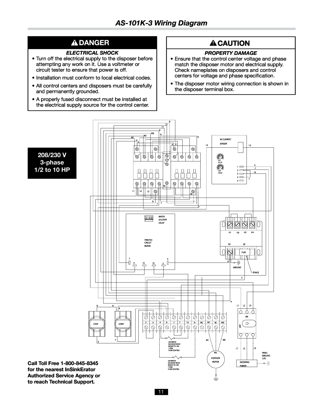 InSinkErator AS-101K-3 Wiring Diagram, 208/230 3-phase 1/2 to 10 HP, Electrical Shock, Property Damage 