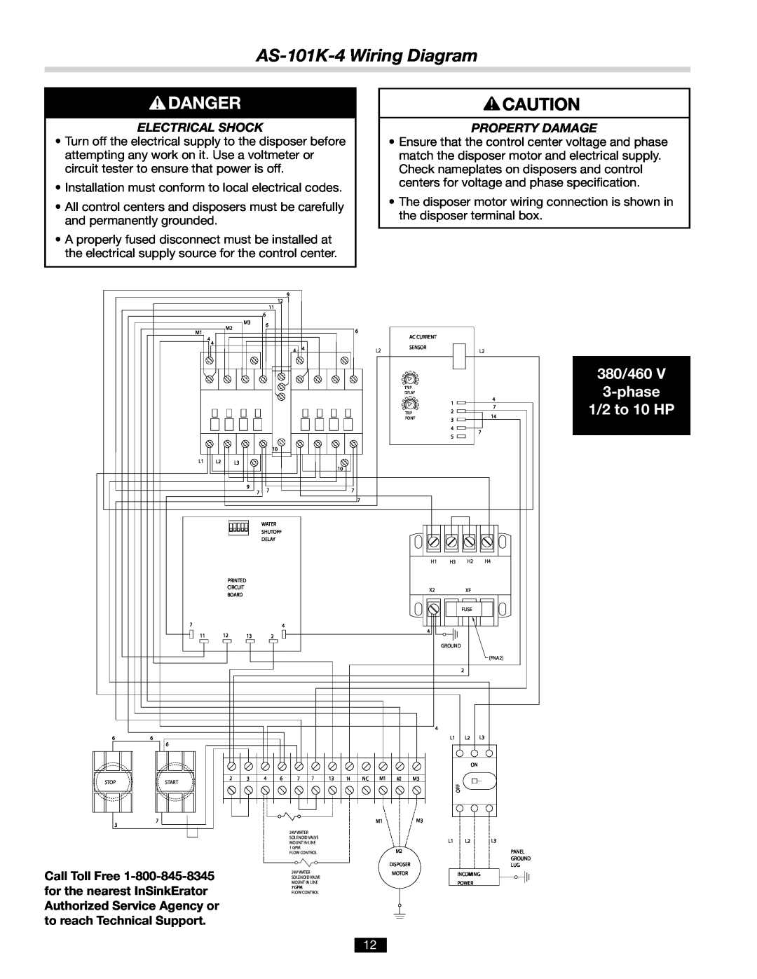 InSinkErator AS-101K-4 Wiring Diagram, 380/460 3-phase 1/2 to 10 HP, Electrical Shock, Property Damage, Call Toll Free 