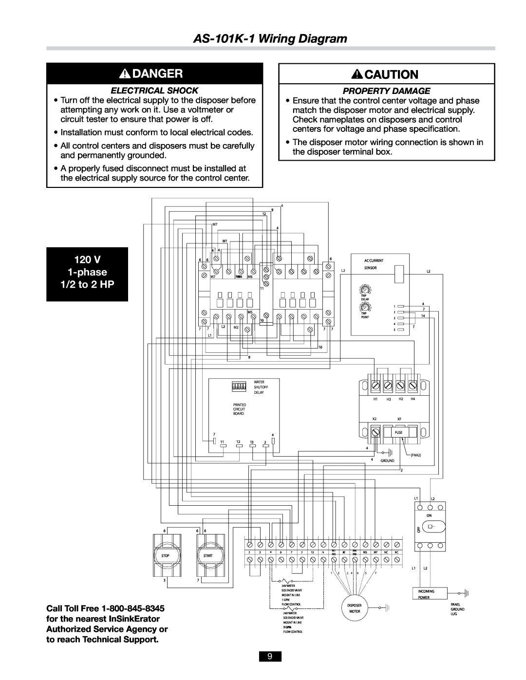 InSinkErator AS-101K-1 Wiring Diagram, phase, 1/2 to 2 HP, Electrical Shock, Property Damage, Call Toll Free 