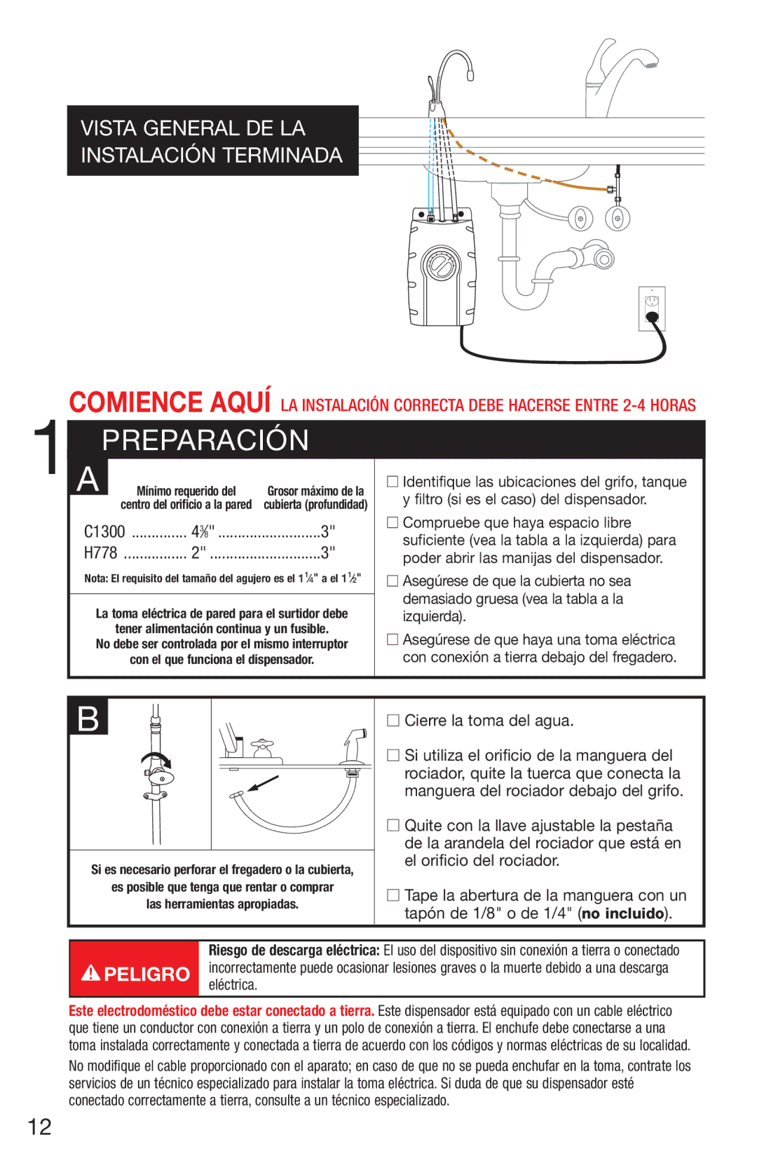 InSinkErator C1300, H778 owner manual Preparación, Eléctrica 