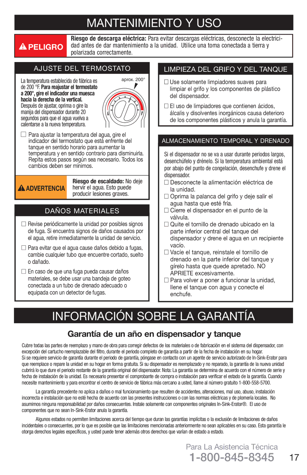 InSinkErator H778, C1300 owner manual Mantenimiento Y USO, Información Sobre LA Garantía, Calentarse a la nueva temperatura 