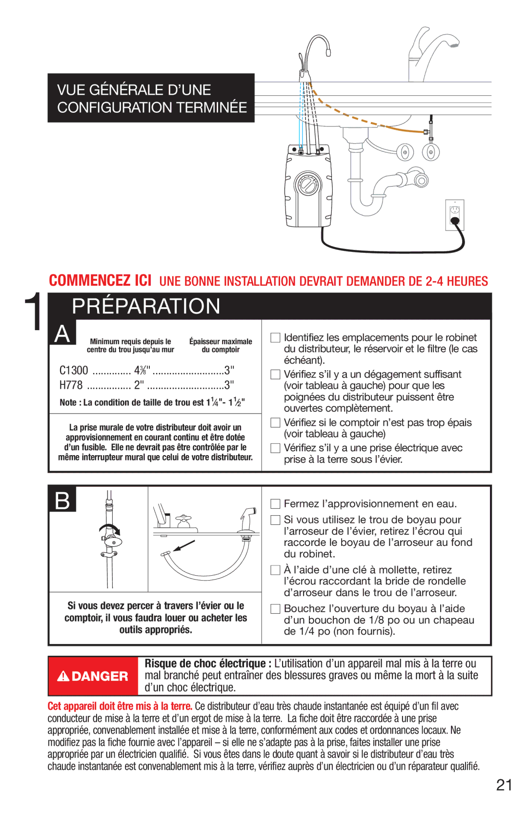 InSinkErator H778 owner manual Préparation, C1300 