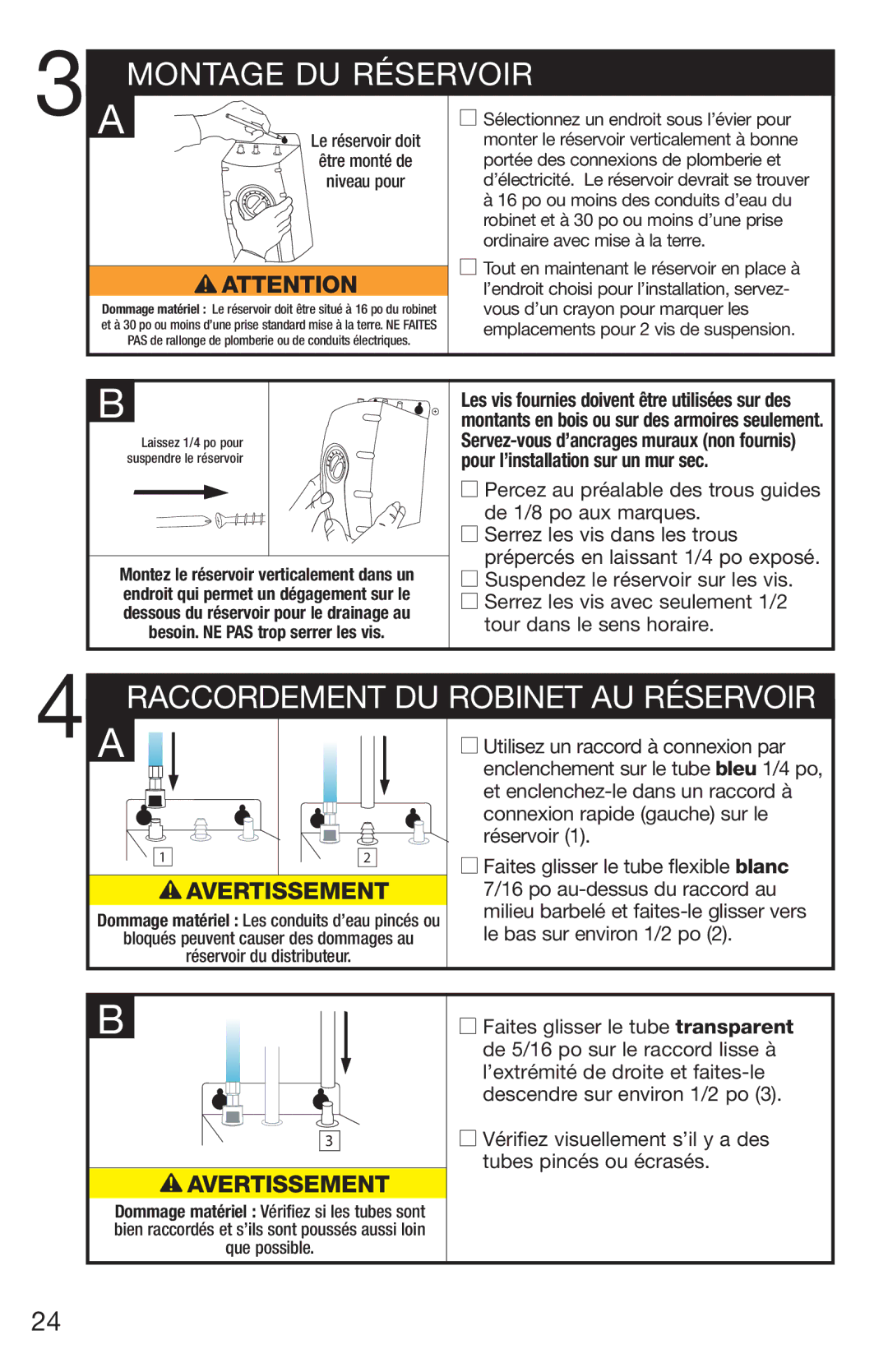 InSinkErator C1300, H778 owner manual Montage DU Réservoir, Raccordement DU Robinet AU Réservoir 