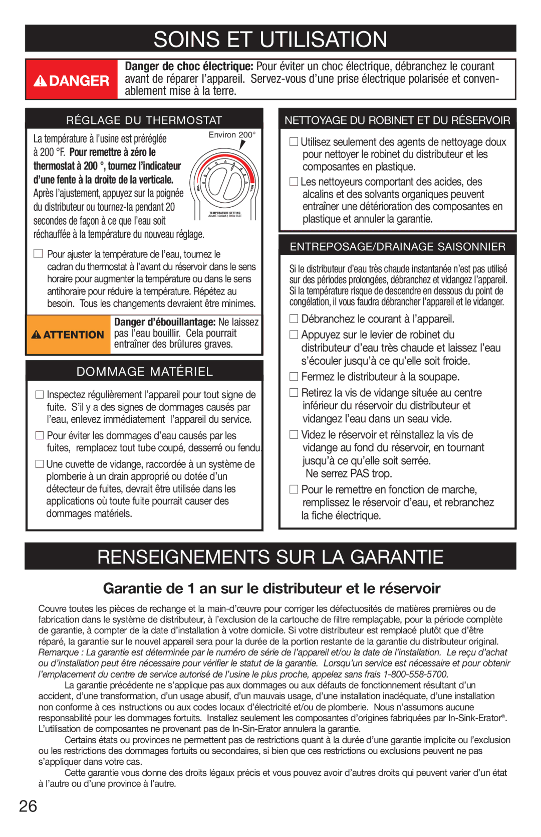 InSinkErator C1300, H778 Soins ET Utilisation, Renseignements SUR LA Garantie, Débranchez le courant à l’appareil 