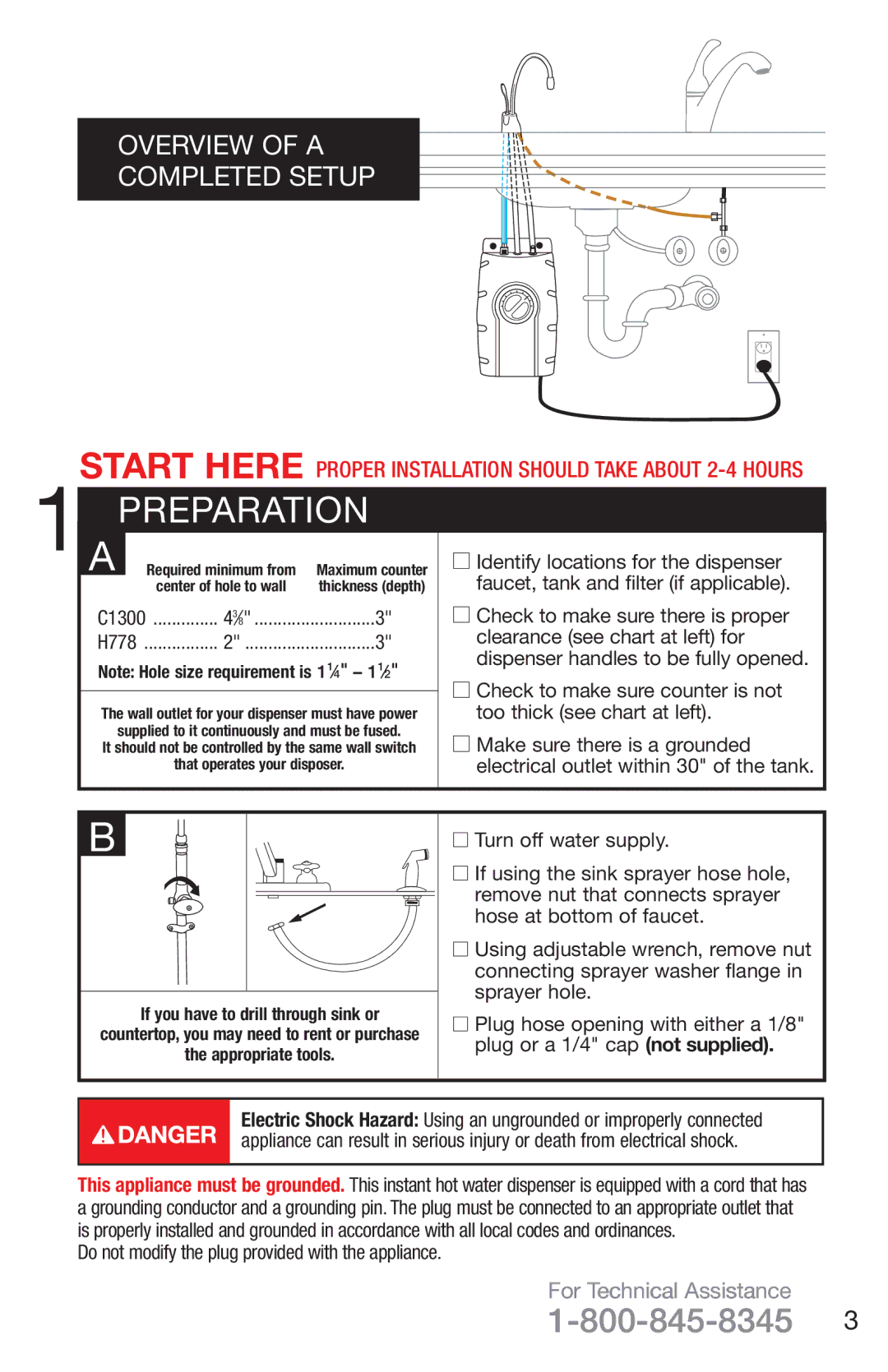 InSinkErator H778 owner manual Preparation, Do not modify the plug provided with the appliance, C1300 