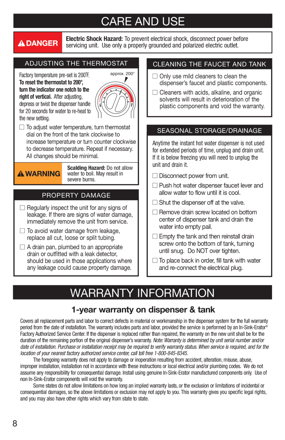 InSinkErator C1300, H778 owner manual Care and USE, Warranty Information, New setting, Disconnect power from unit 