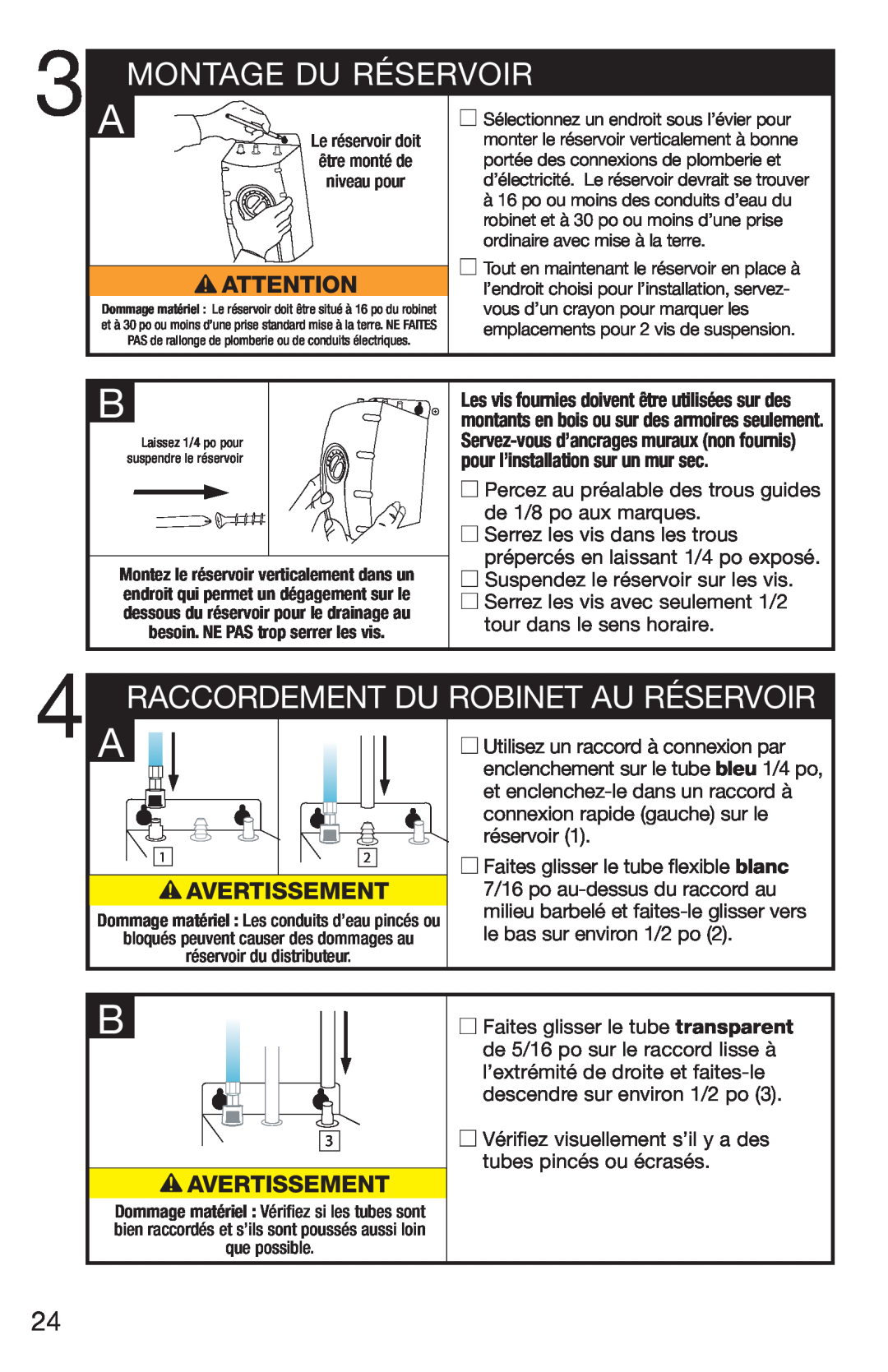 InSinkErator C1300, H778 owner manual Montage Du Réservoir, Raccordement Du Robinet Au Réservoir, Avertissement 