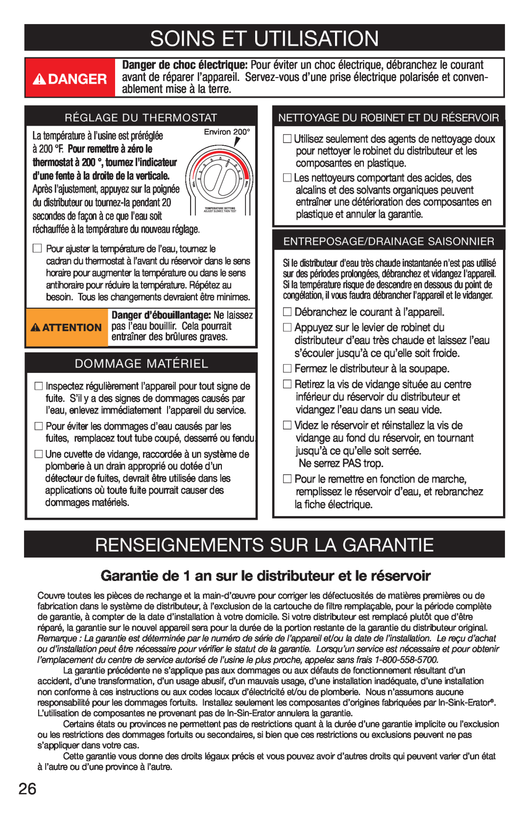 InSinkErator C1300, H778 Soins Et Utilisation, Renseignements Sur La Garantie, Dommage Matériel, Réglage Du Thermostat 