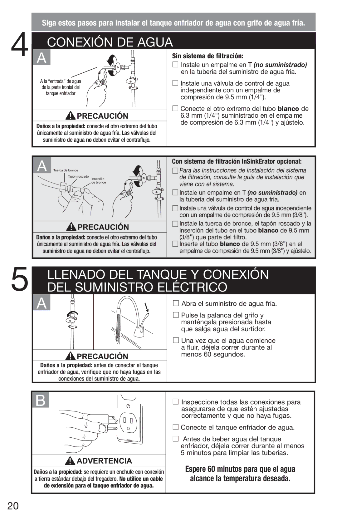 InSinkErator CWT-00, F-C1100 owner manual Llenado DEL Tanque Y Conexión, DEL Suministro Eléctrico 