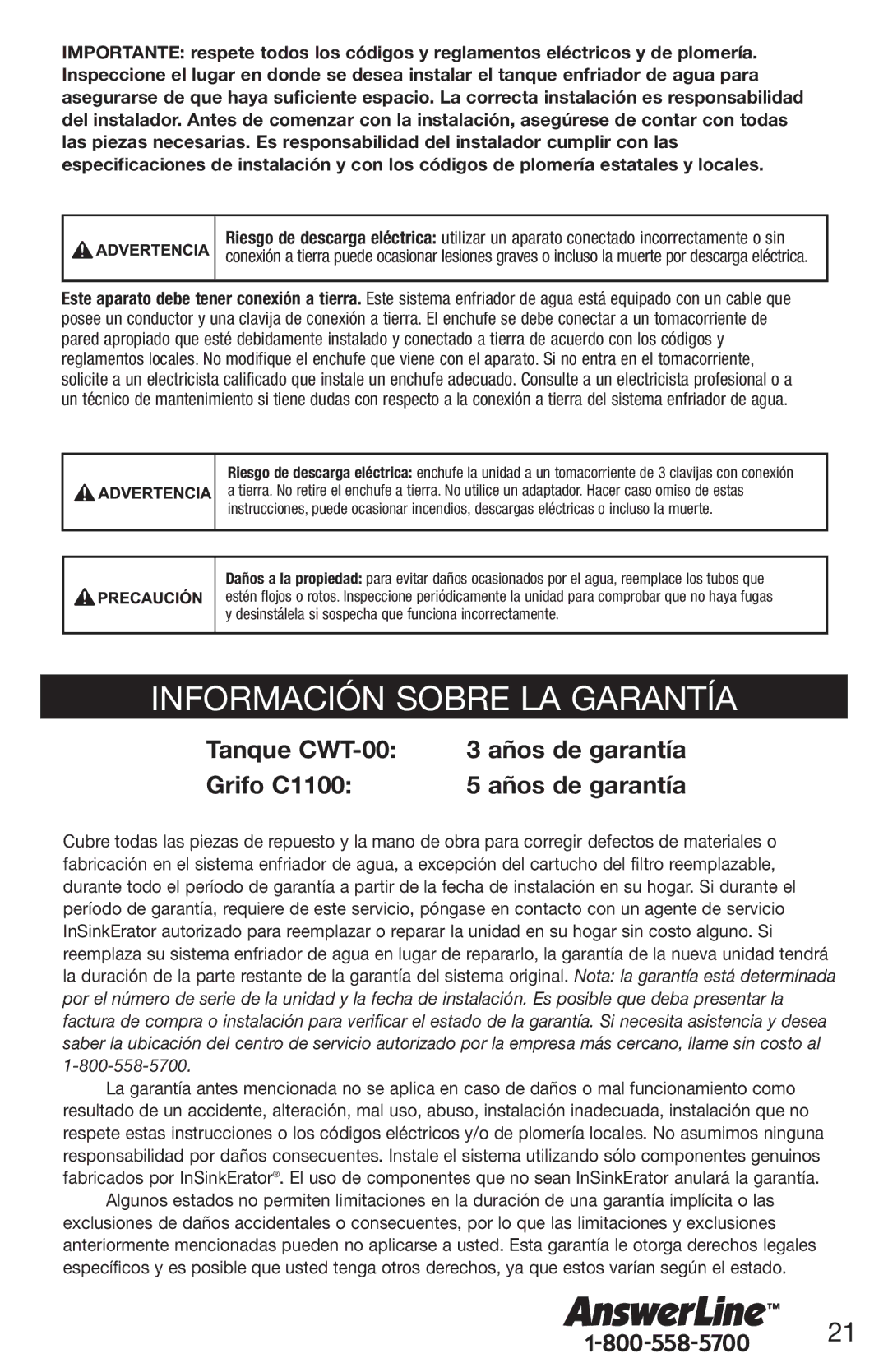 InSinkErator F-C1100 owner manual Información Sobre LA Garantía, Tanque CWT-00 Años de garantía Grifo C1100 