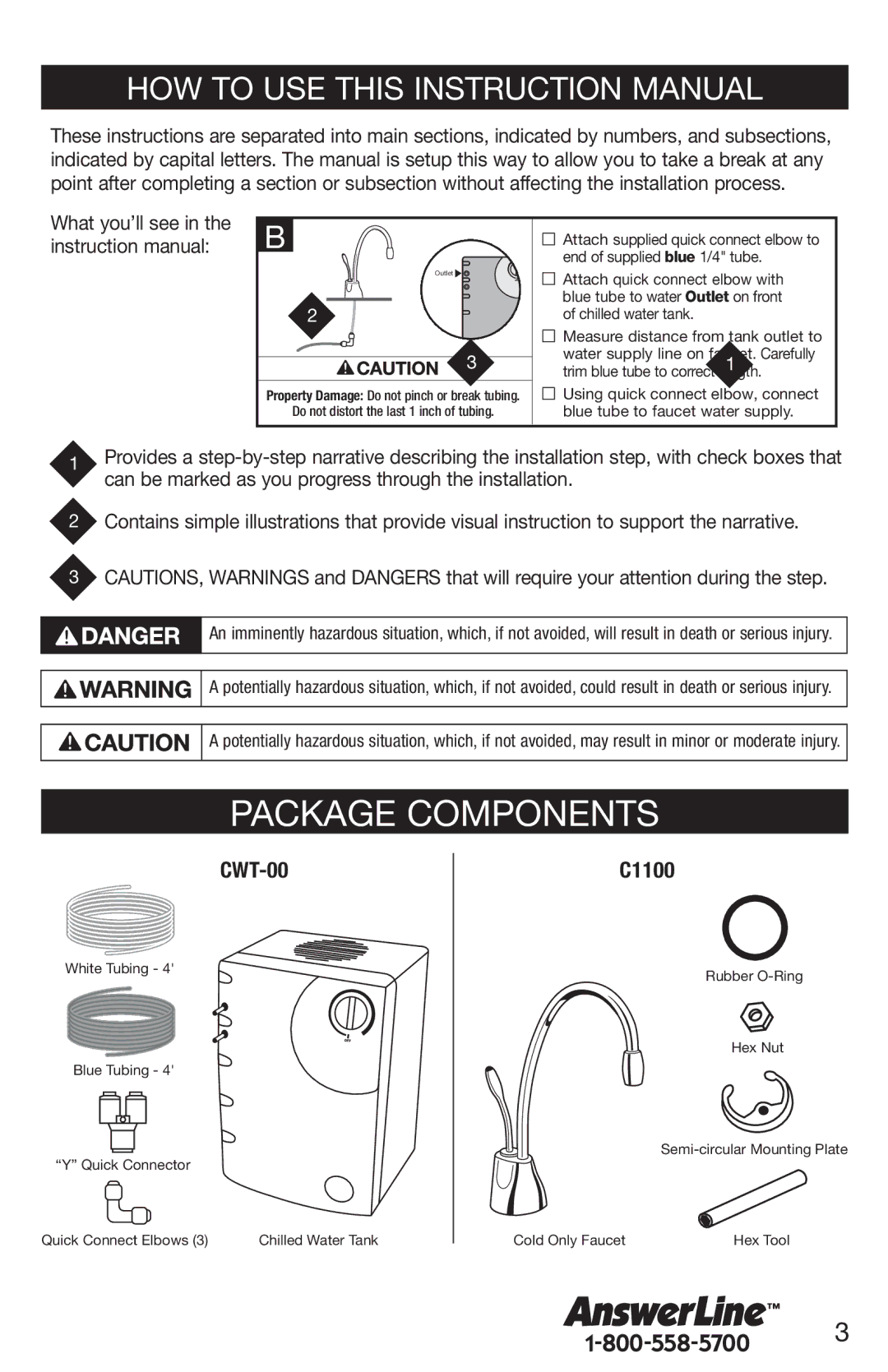 InSinkErator F-C1100, CWT-00 owner manual Package Components, White Tubing Blue Tubing, Cold Only Faucet 