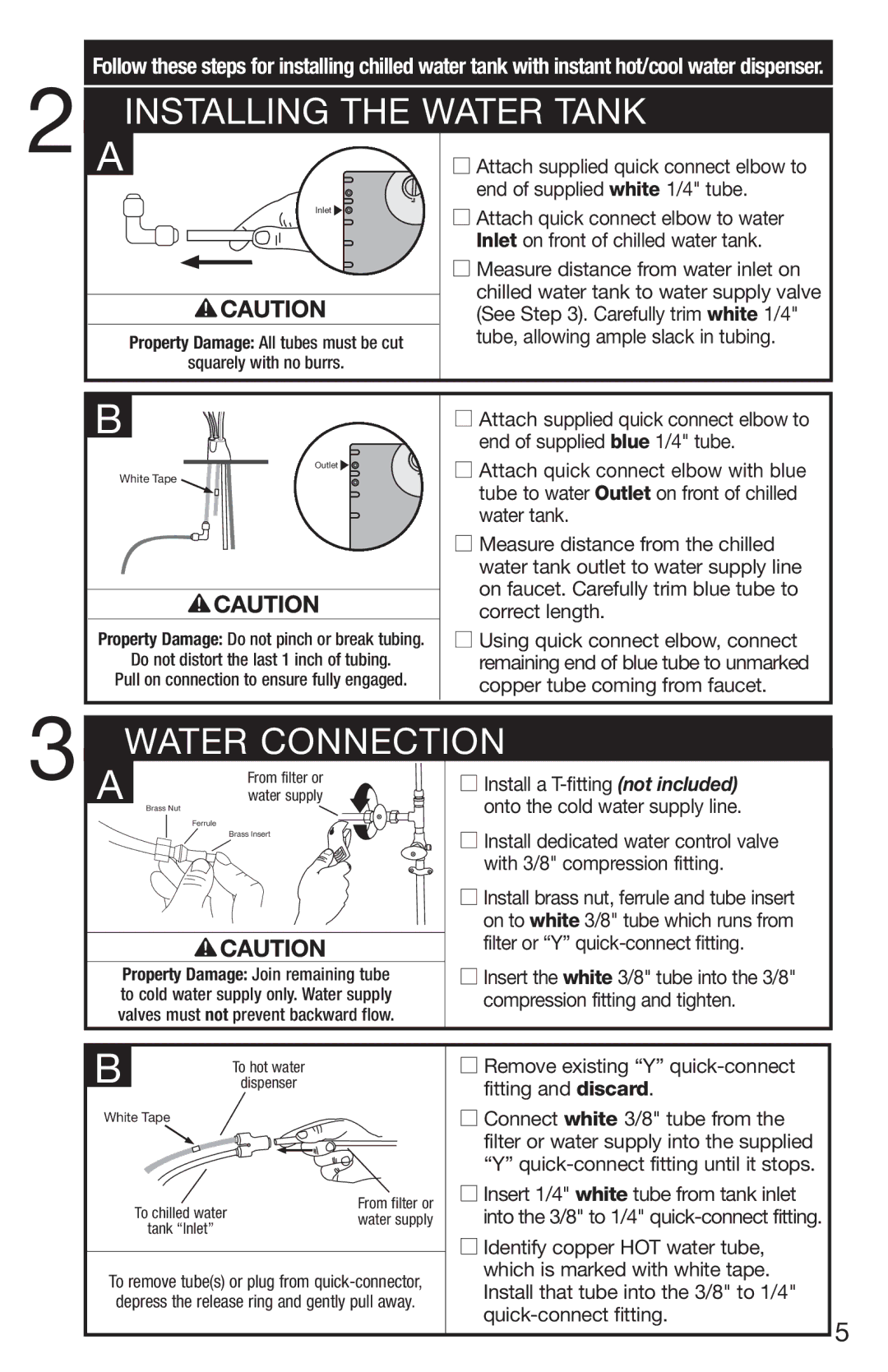 InSinkErator F-C1100 Installing the Water Tank, Water Connection, Remove existing Y quick-connect fitting and discard 