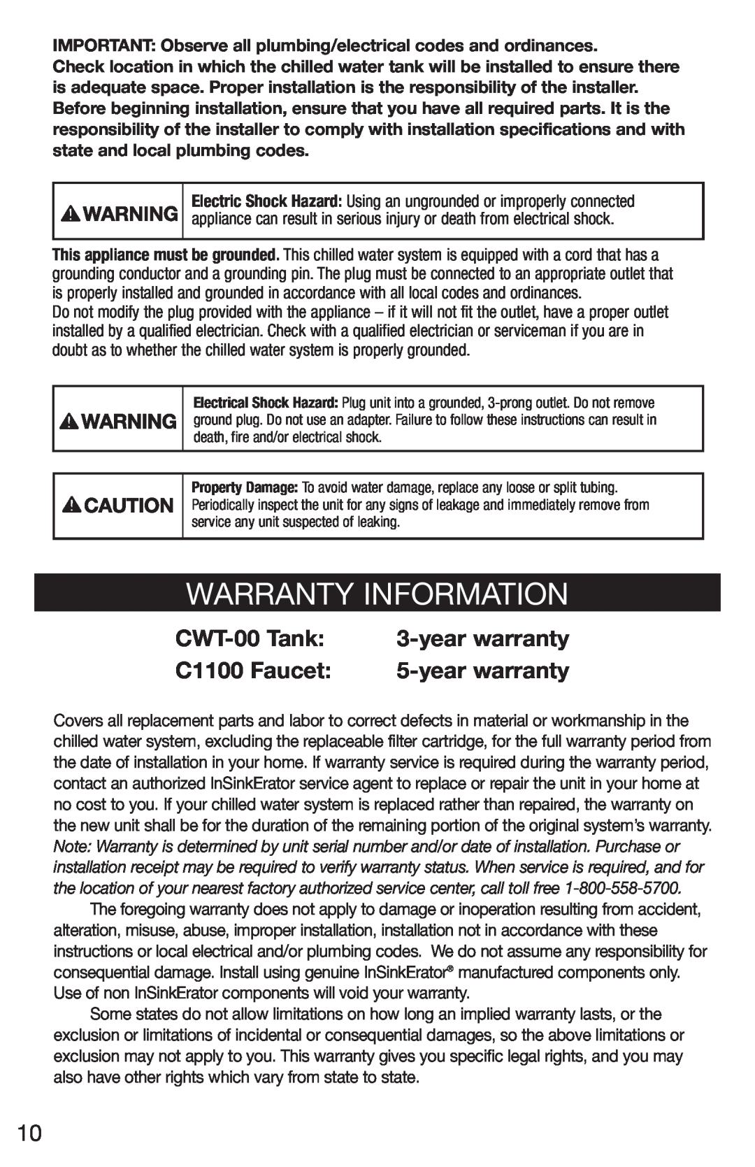 InSinkErator F-C1100 owner manual Warranty Information, CWT-00Tank, yearwarranty, C1100 Faucet 