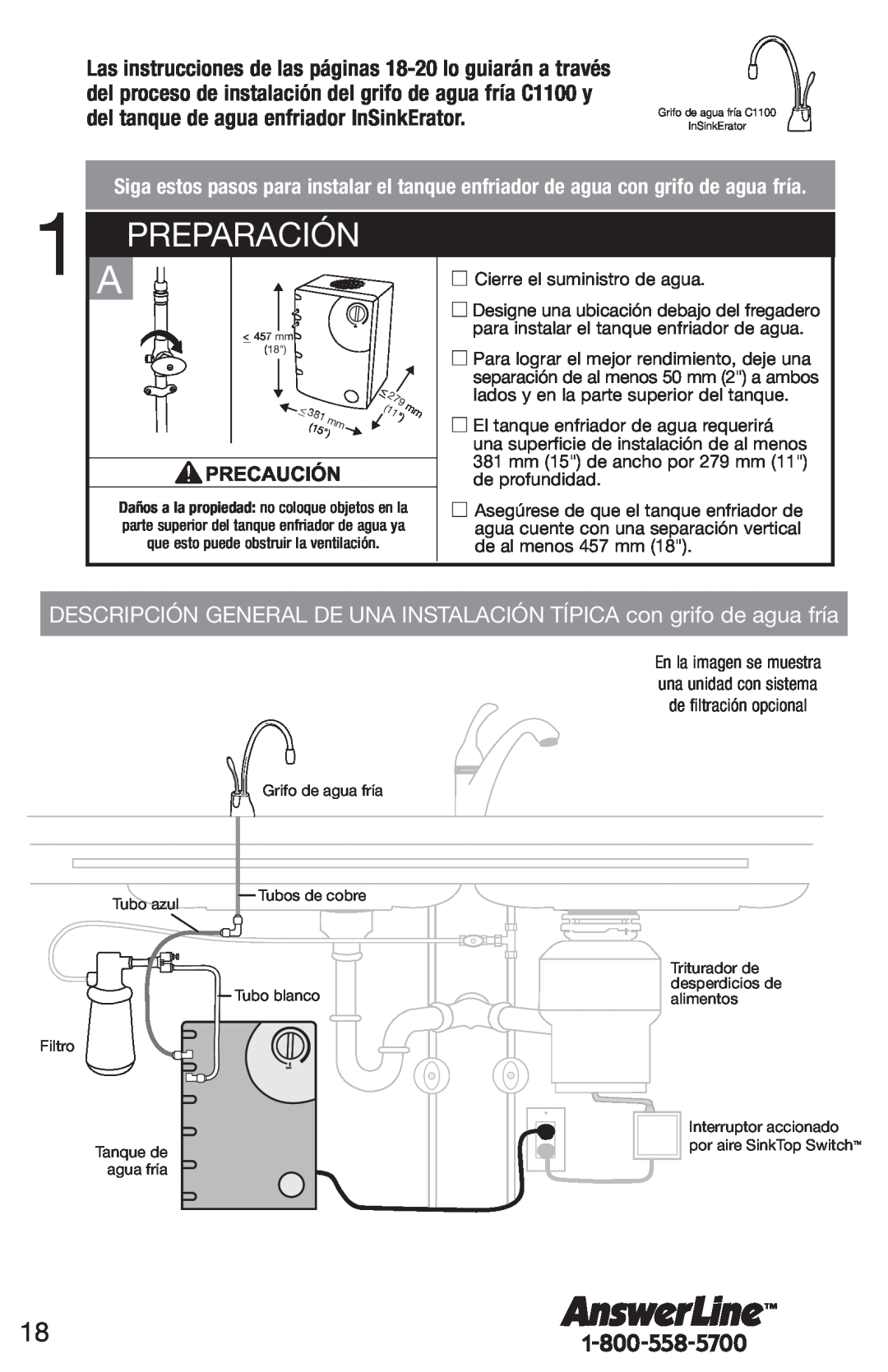 InSinkErator CWT-00, F-C1100 owner manual Preparación, Grifo de agua fría 