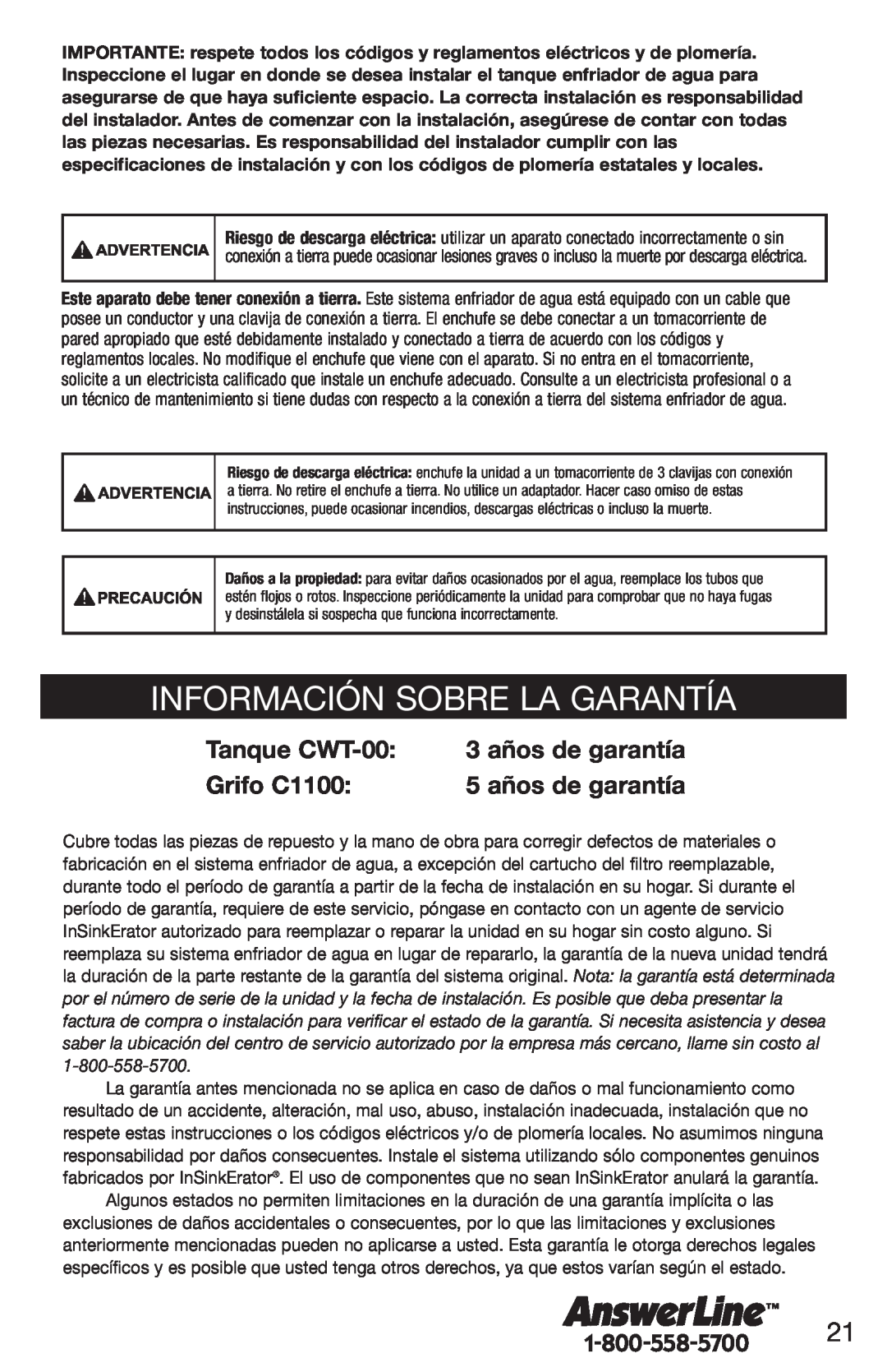 InSinkErator F-C1100 Información Sobre La Garantía, Tanque CWT-00, 3 años de garantía, Grifo C1100, 5 años de garantía 