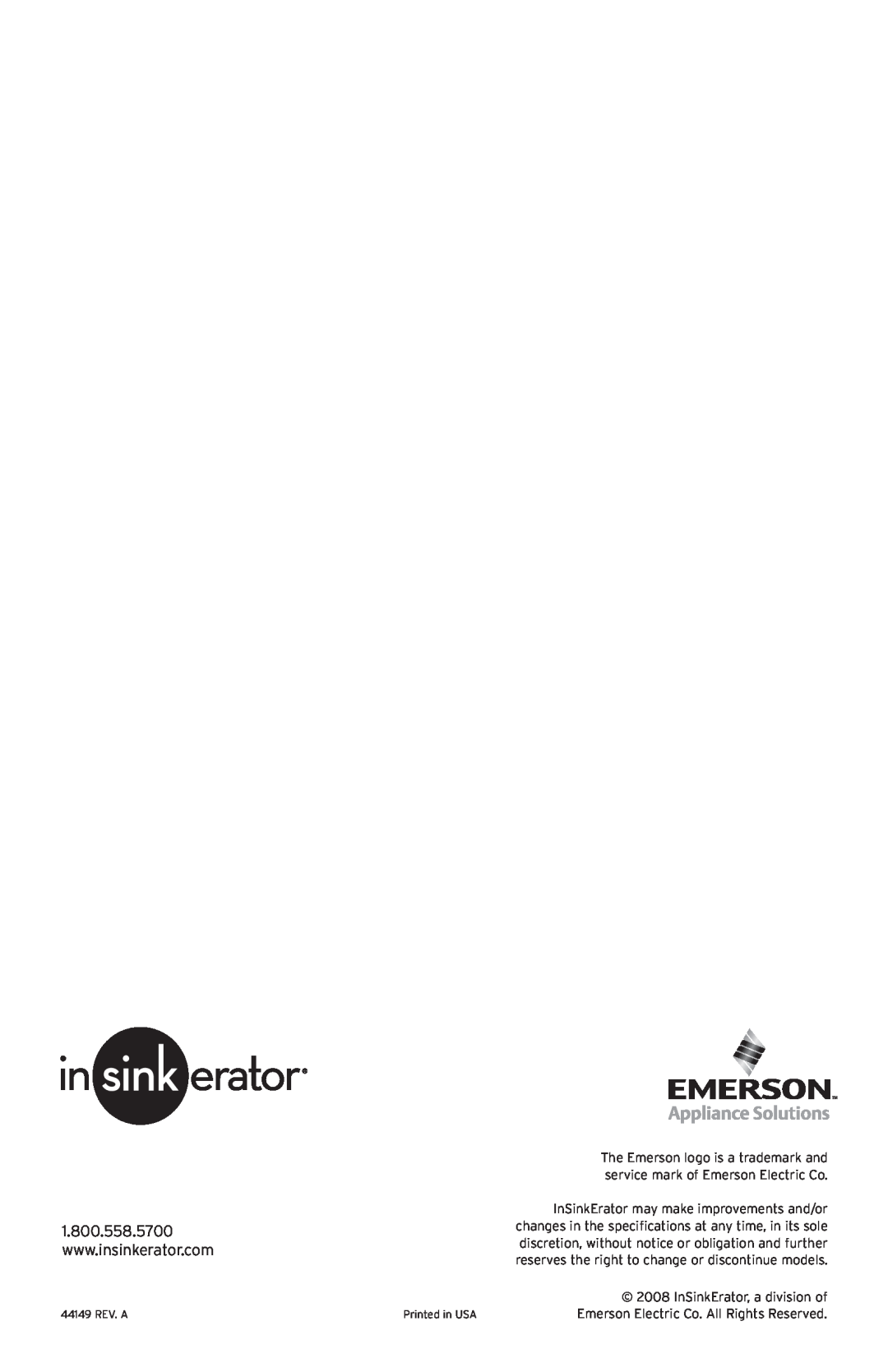 InSinkErator CWT-00, F-C1100 owner manual InSinkErator, a division of, Emerson Electric Co. All Rights Reserved 