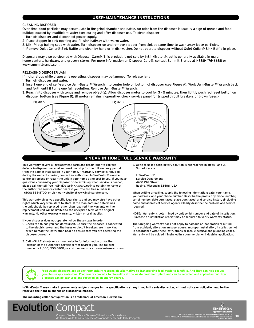 InSinkErator Evolution Compact manual USER-MAINTENANCE Instructions, Year IN-HOME Full Service Warranty 