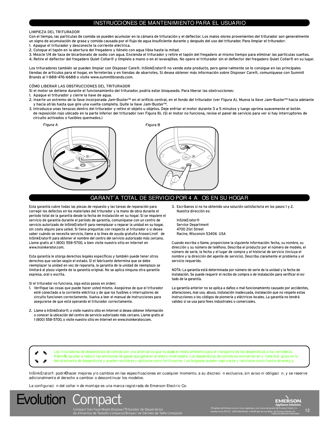 InSinkErator Evolution Compact manual Instrucciones DE Mantenimiento Para EL Usuario, Limpieza DEL Triturador 