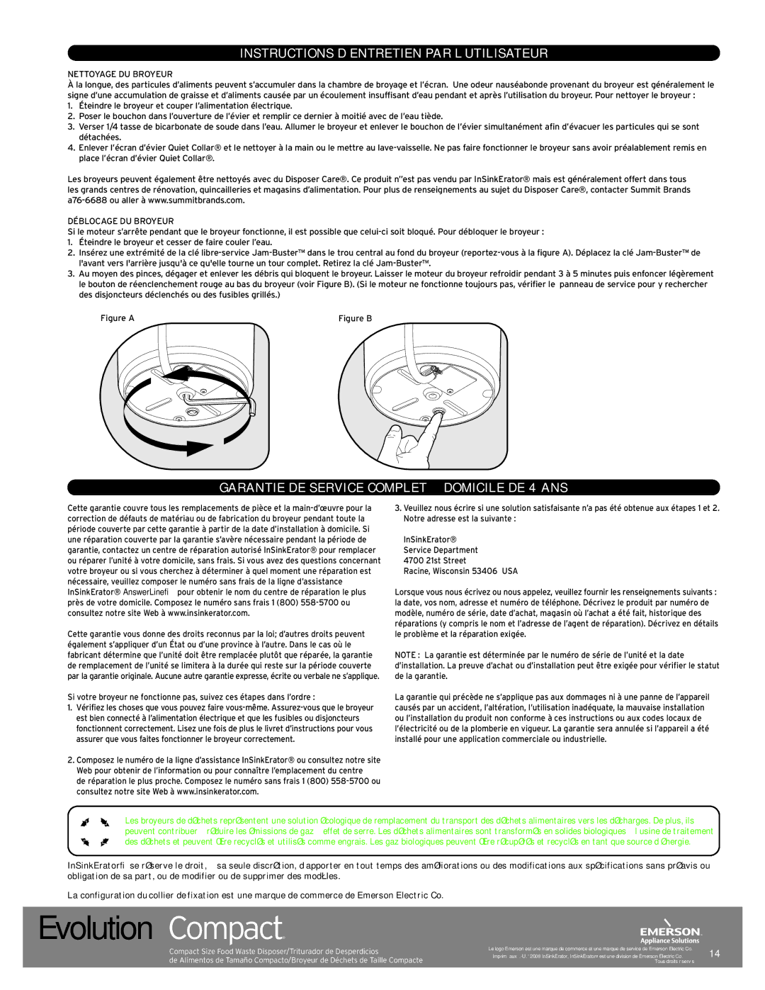 InSinkErator Evolution Compact Instructions D’ENTRETIEN PAR L’UTILISATEUR, Garantie DE Service Complet À Domicile DE 4 ANS 