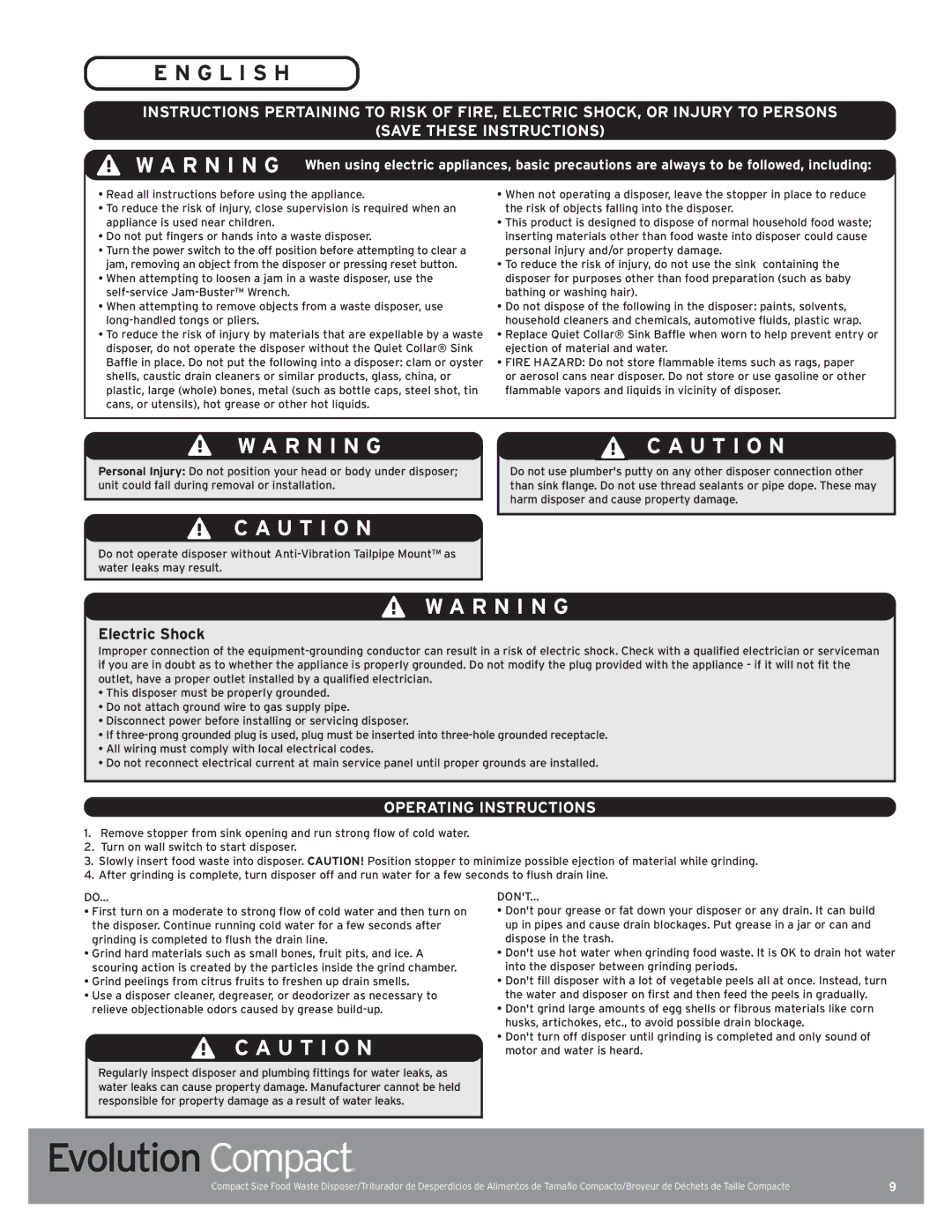 InSinkErator Evolution Compact manual G L I S H, R N I N G, U T I O N, Operating Instructions 