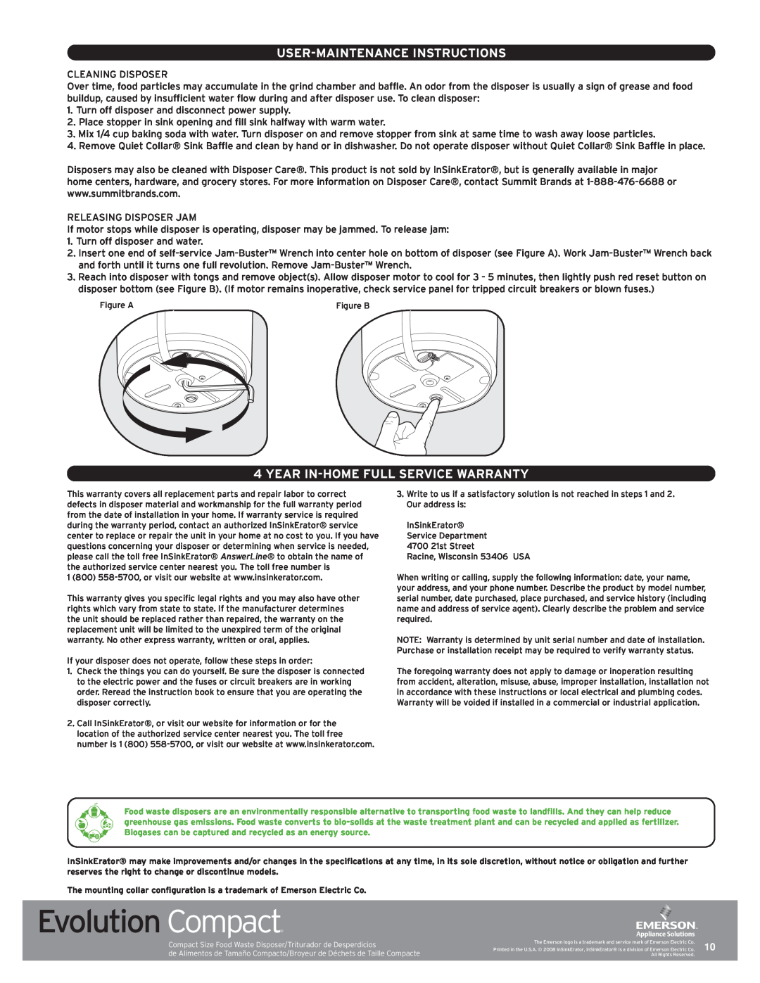 InSinkErator Evolution Compact manual User-Maintenance Instructions, Year In-Home Full Service Warranty 