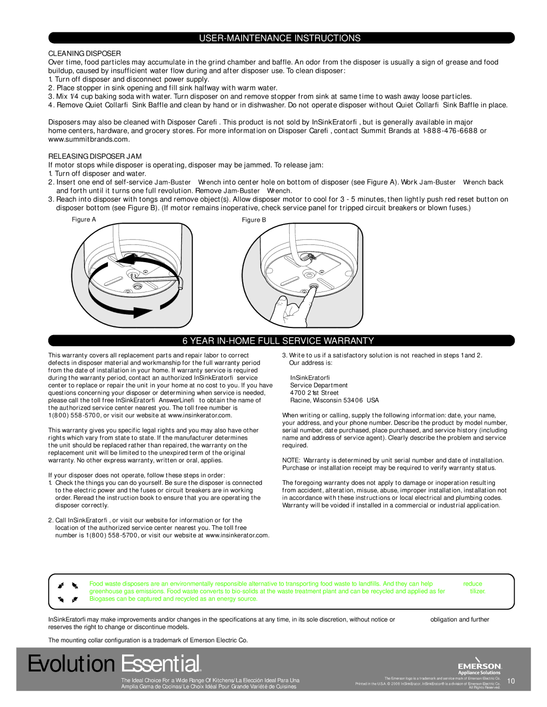 InSinkErator Evolution Essential manual USER-MAINTENANCE Instructions, Year IN-HOME Full Service Warranty 