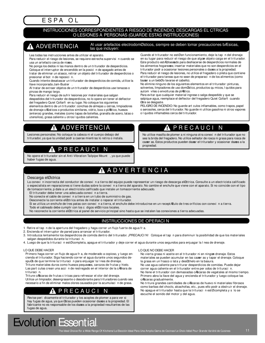 InSinkErator Evolution Essential manual P a Ñ O L, Advertencia, V E R T E N C I a, Instrucciones DE Operación 