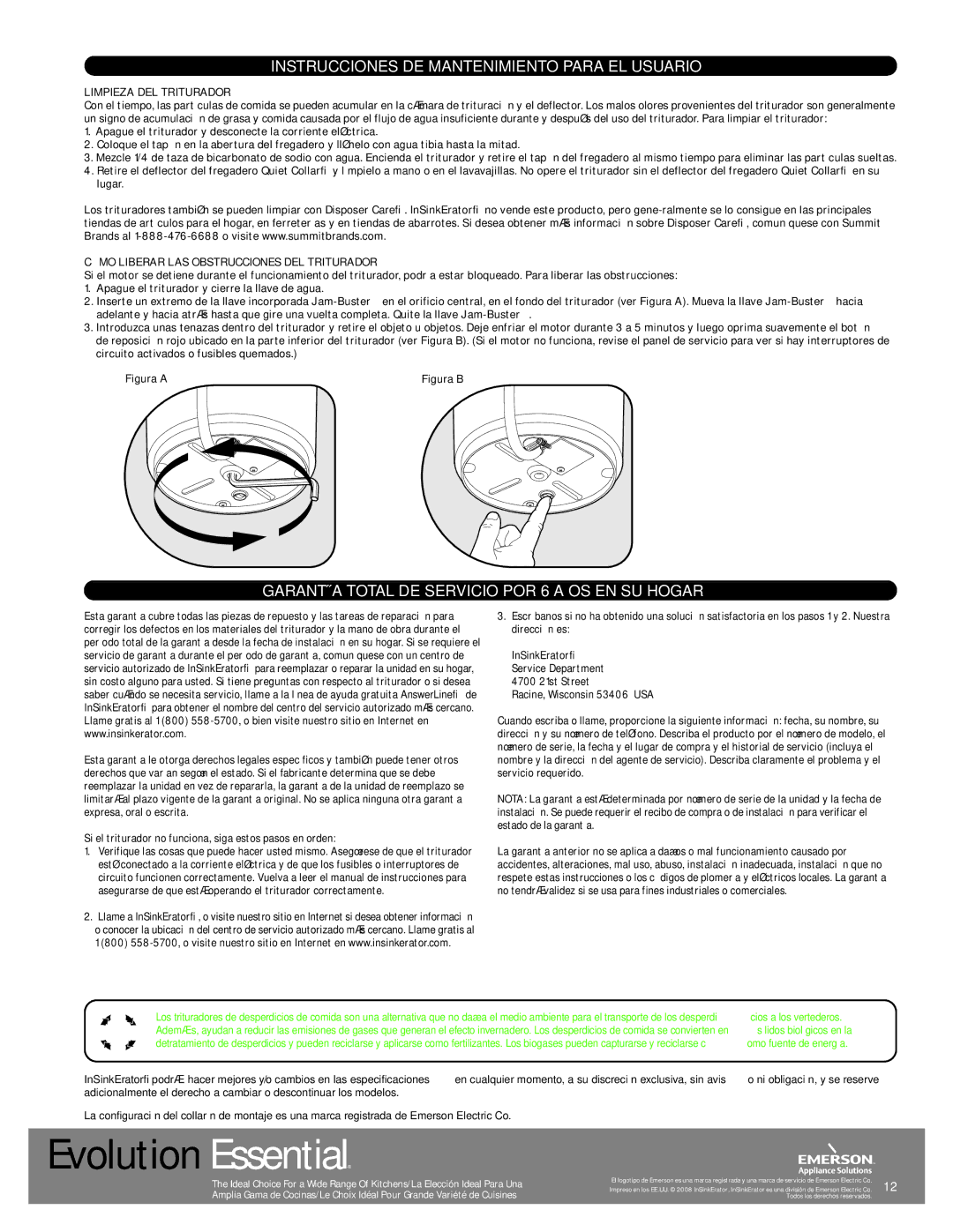 InSinkErator Evolution Essential manual Instrucciones DE Mantenimiento Para EL Usuario, Limpieza DEL Triturador 