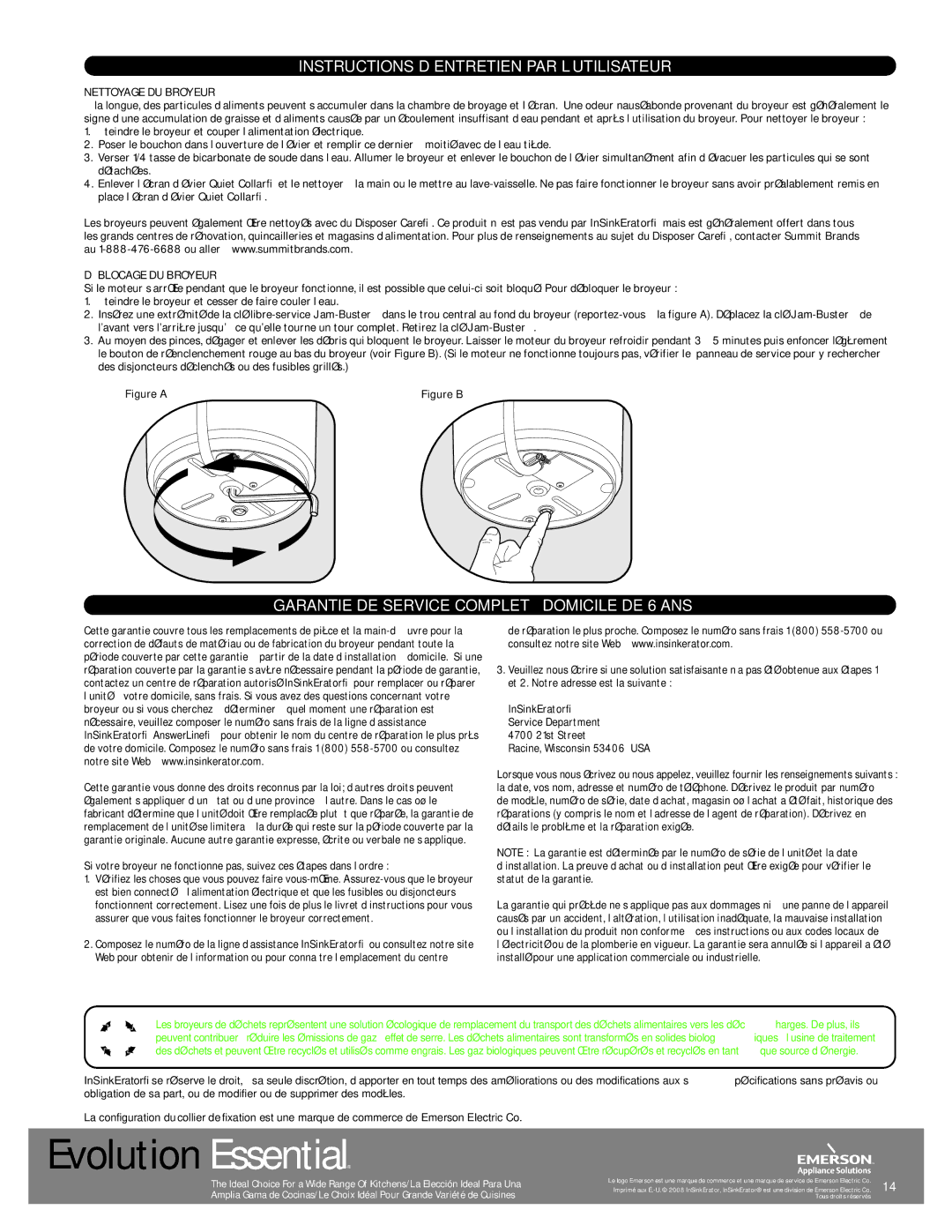 InSinkErator Evolution Essential Instructions D’ENTRETIEN PAR L’UTILISATEUR, Nettoyage DU Broyeur, Déblocage DU Broyeur 