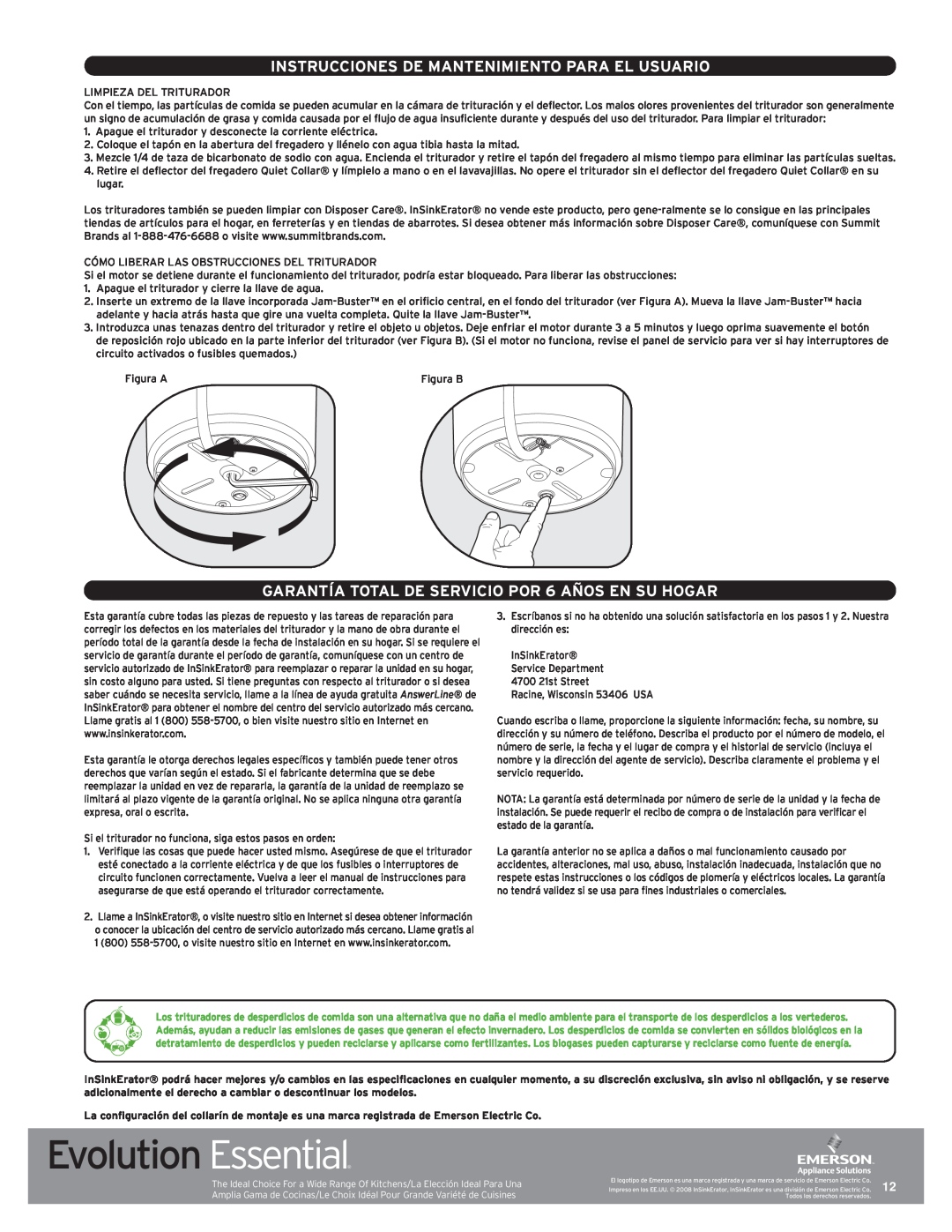 InSinkErator Evolution Essential manual Instrucciones De Mantenimiento Para El Usuario 