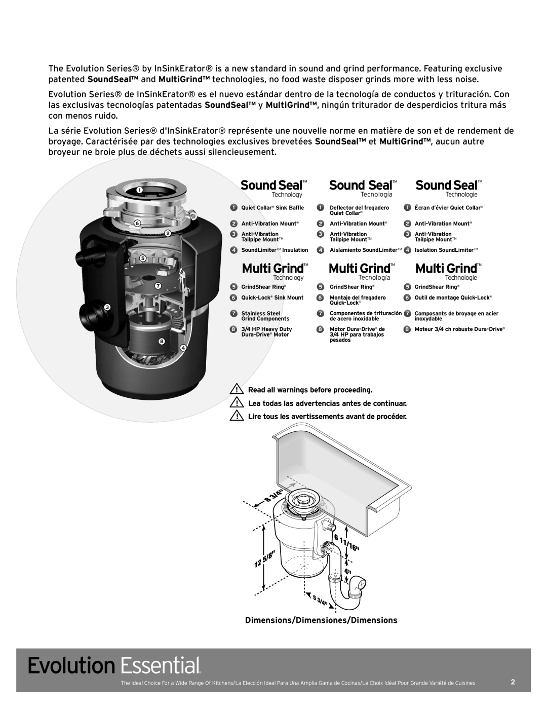 InSinkErator Evolution Essential manual Sound SealTM, SoundSealTM, Dimensions/Dimensiones/Dimensions, MultiGrindTM 