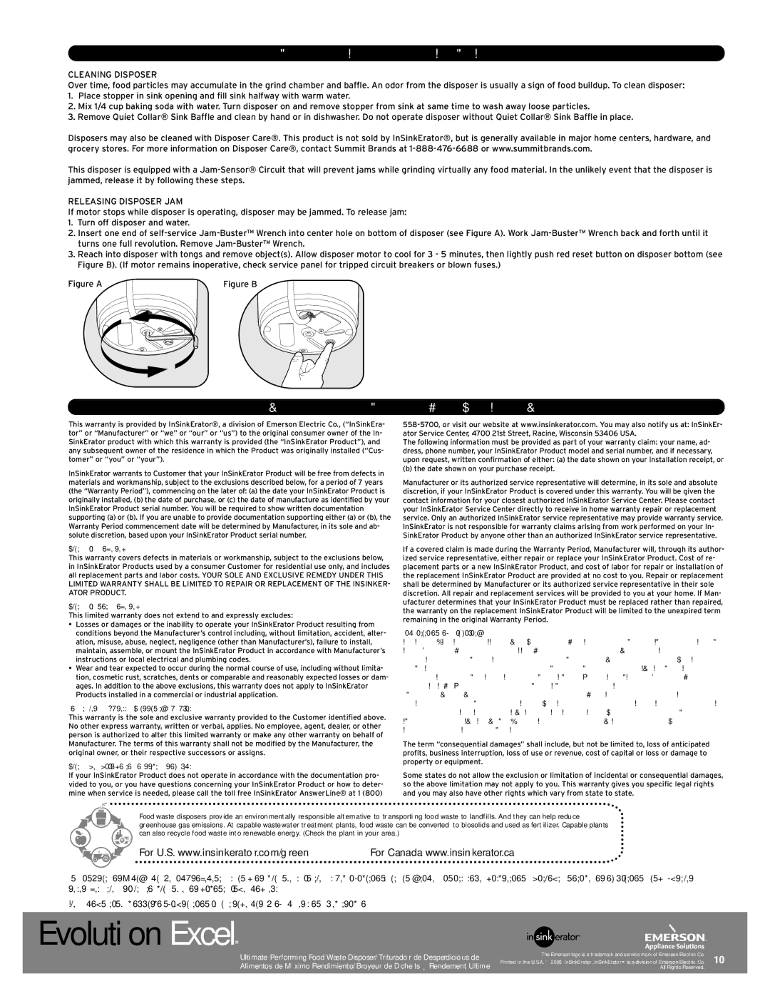 InSinkErator Evolution Excel manual USER-MAINTENANCE Instructions, Year IN-HOME Full Service Warranty, Cleaning Disposer 