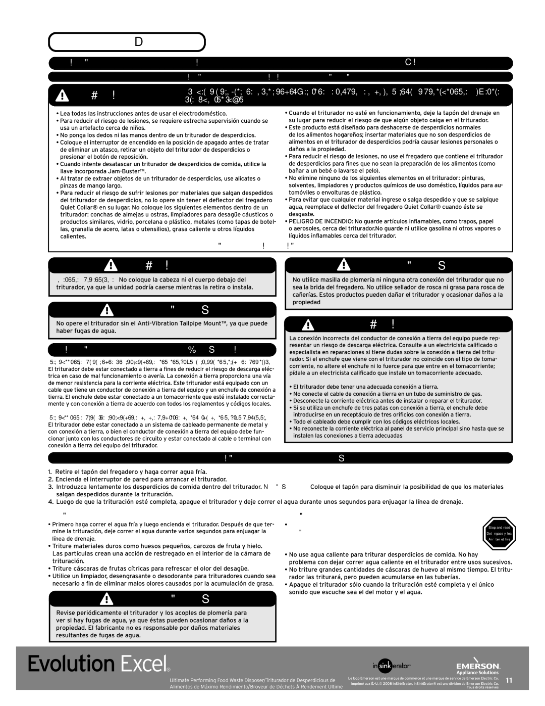 InSinkErator Evolution Excel manual Espa ÑO L, AD Vert Enci a, AD Vertenc IA, Instrucciones Para LA Conexión a Tierra 