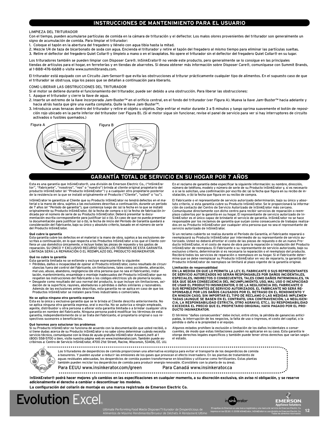 InSinkErator Evolution Excel manual Instrucciones DE Mantenimiento Para EL Usuario, Limpieza DEL Triturador 