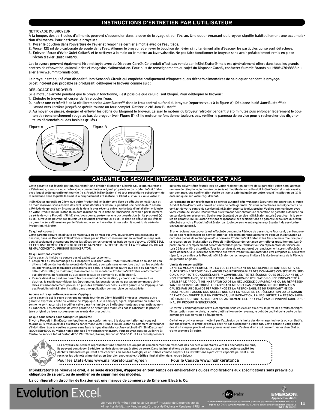 InSinkErator Evolution Excel Instructions D’ENTRETIEN PAR L’UTILISATEUR, Garantie DE Service Intégral À Domicile DE 7 ANS 