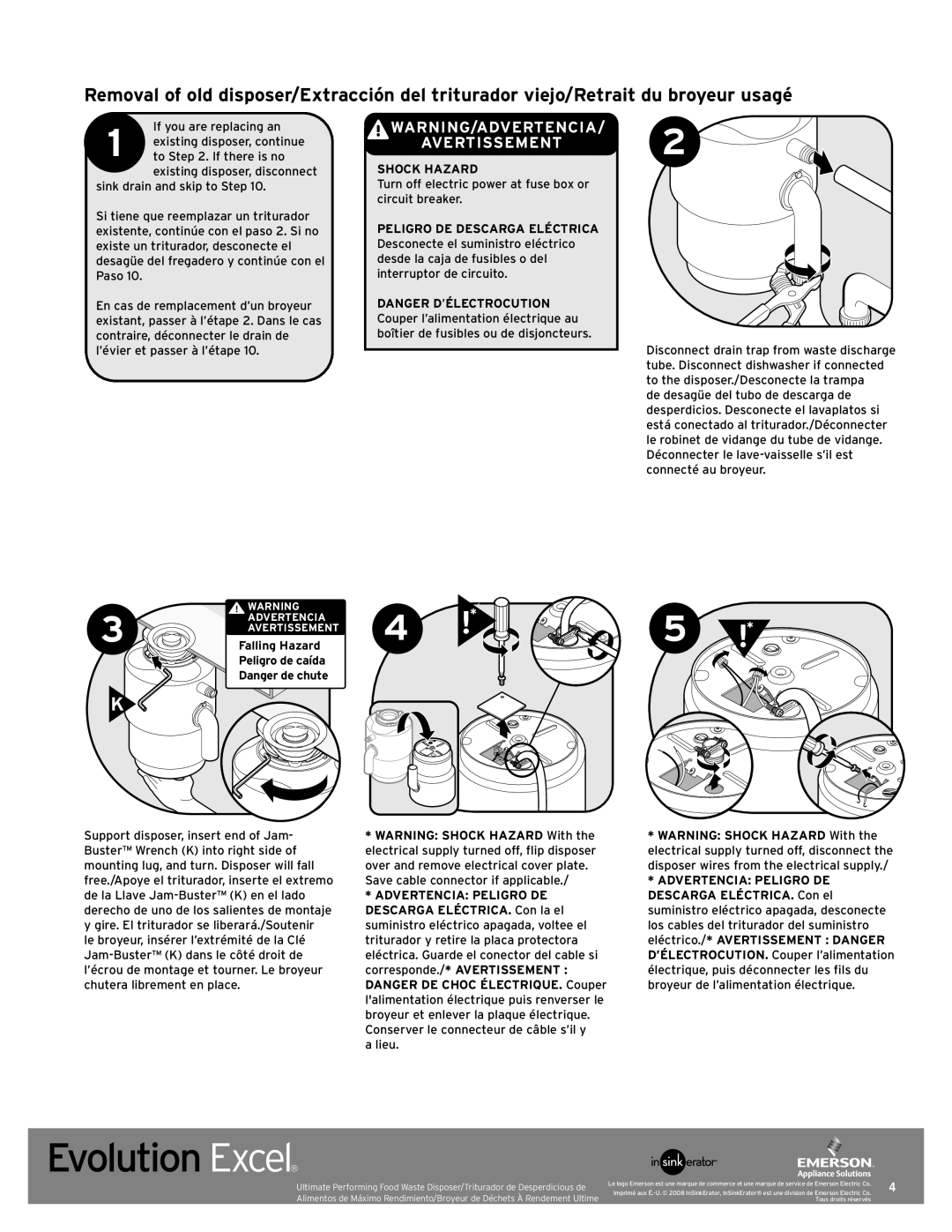 InSinkErator Evolution Excel manual Warni NG/ADVERTENCIA Avertissement, Shock Hazard 