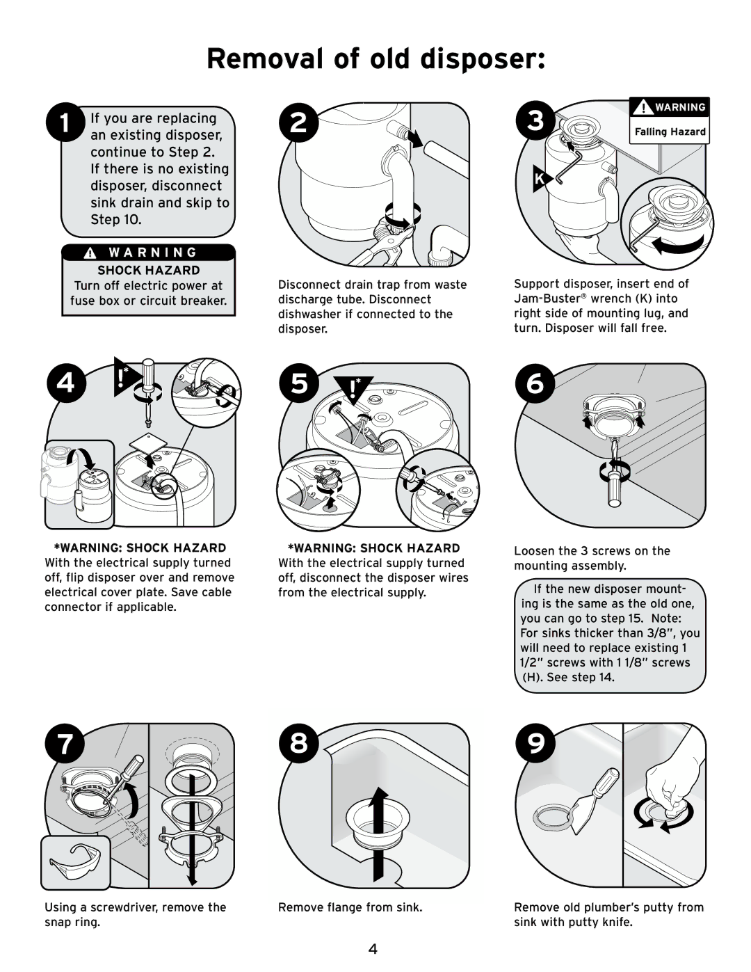 InSinkErator Evolution Excel installation manual Removal of old disposer, R N I N G 