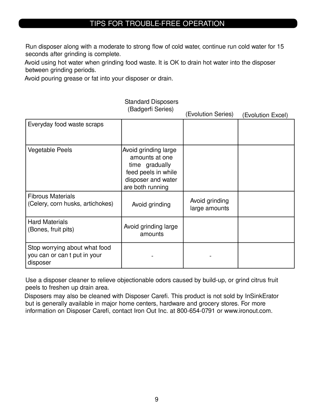 InSinkErator Evolution Excel installation manual Tips for TROUBLE-FREE Operation 