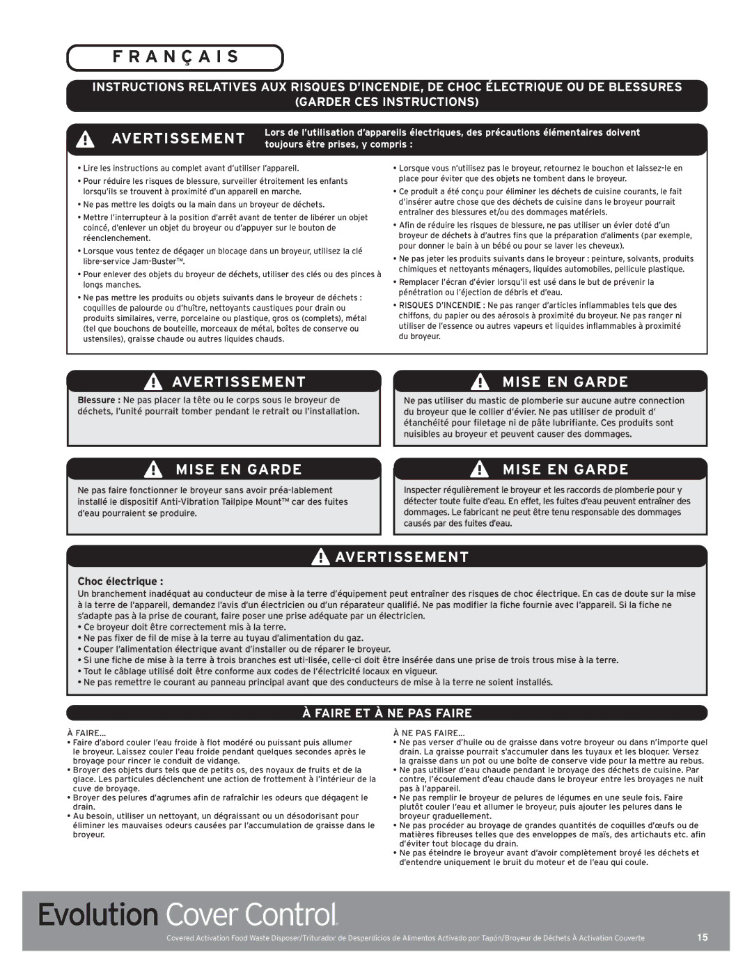 InSinkErator Evolution Series manual A N Ç a I S, Faire ET À NE PAS Faire 