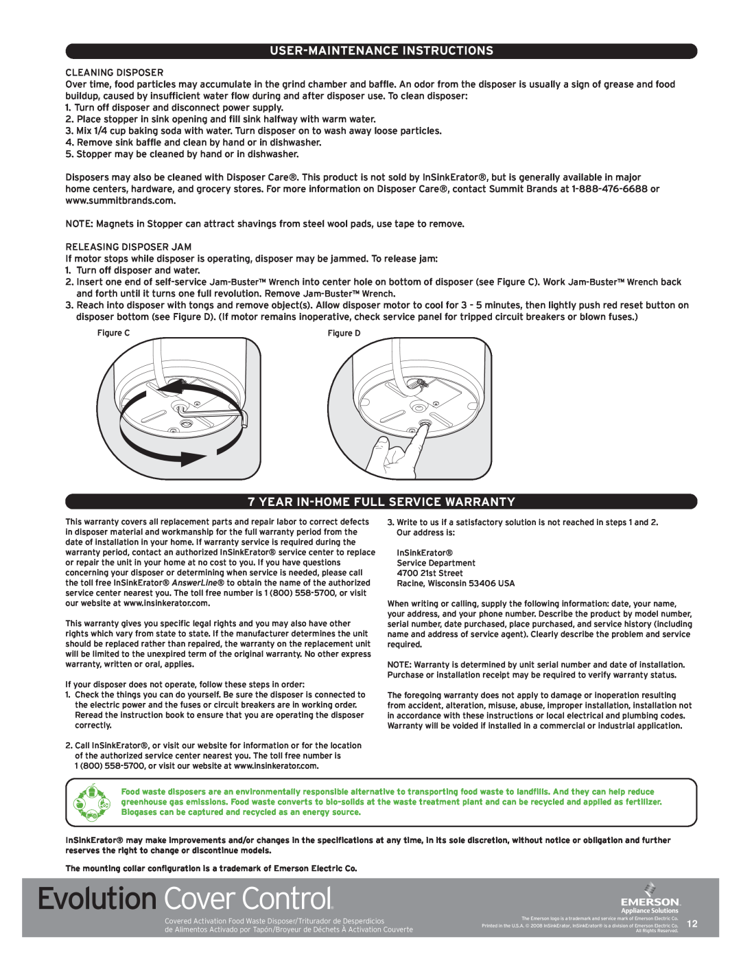 InSinkErator Evolution Series User-Maintenance Instructions, Year In-Home Full Service Warranty, Evolution Cover Control 