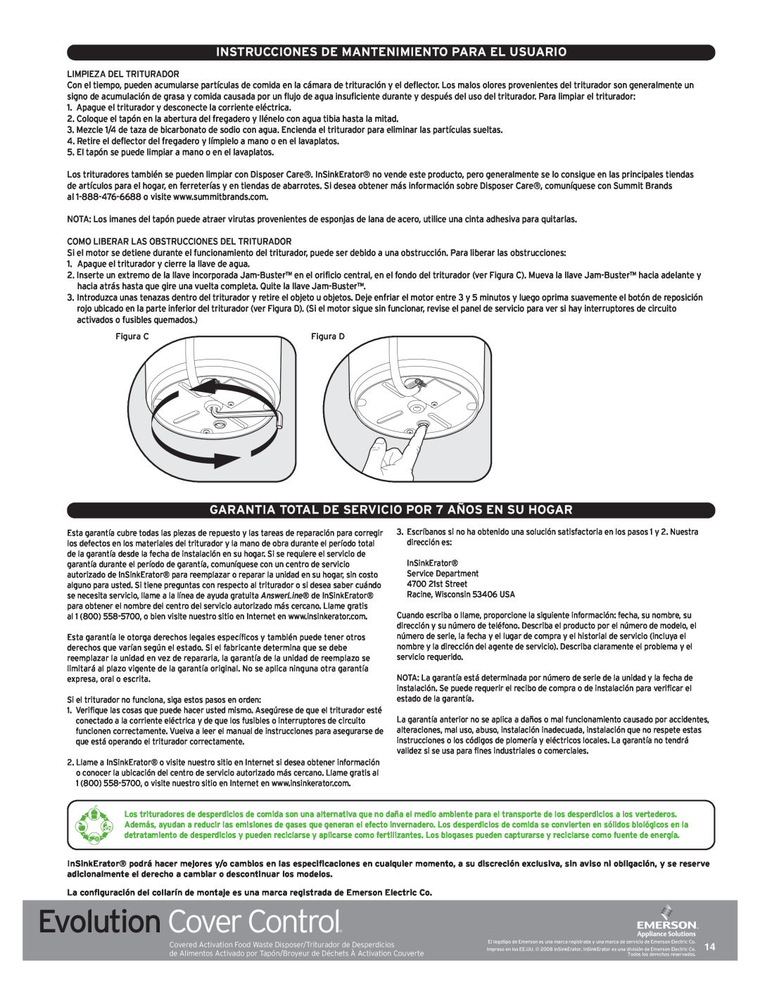 InSinkErator Evolution Series manual Instrucciones De Mantenimiento Para El Usuario, Evolution Cover Control 