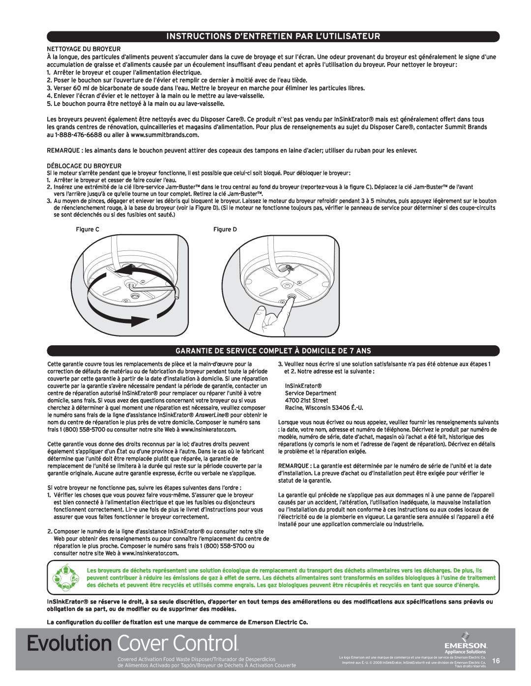 InSinkErator Evolution Series manual Instructions D’Entretien Par L’Utilisateur, Evolution Cover Control 