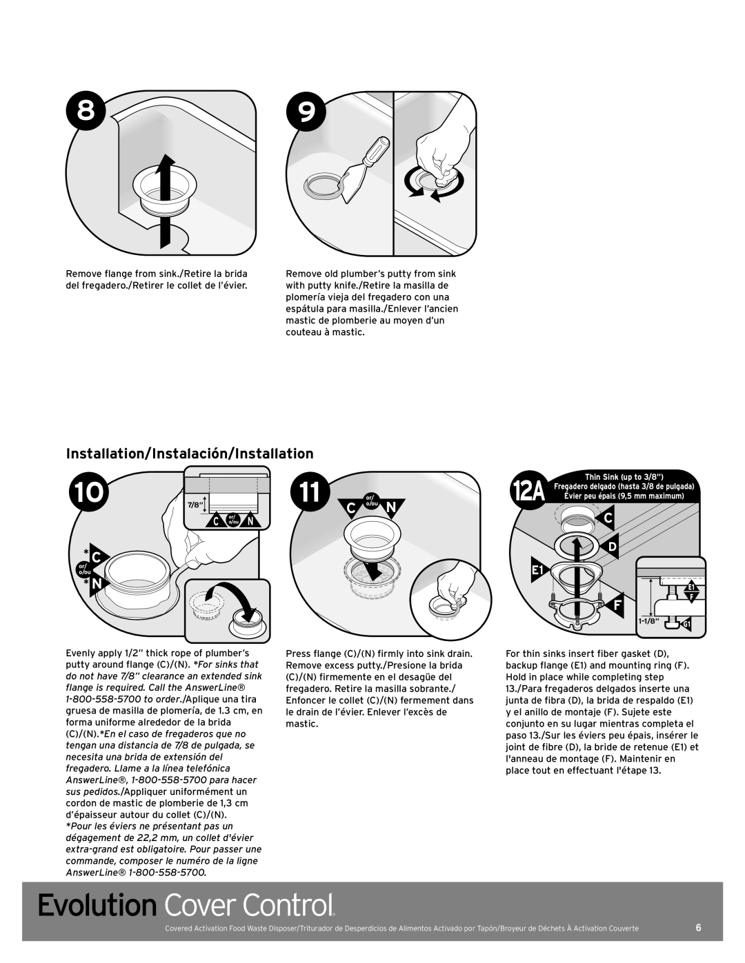 InSinkErator Evolution Series manual Installation/Instalación/Installation, D E1, Evolution Cover Control 