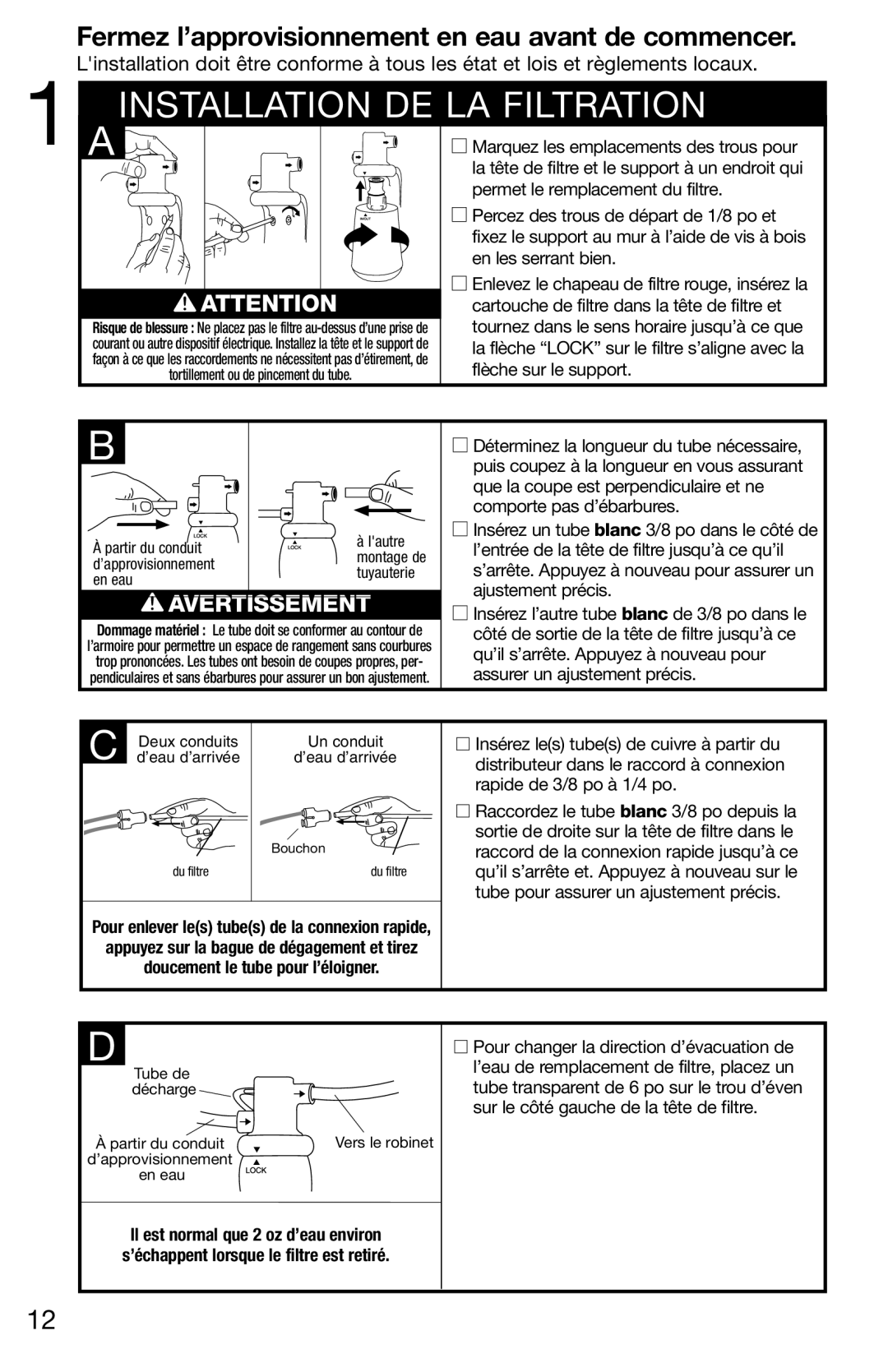 InSinkErator F-201R installation instructions Installation DE LA Filtration, Cartouche de filtre dans la tête de filtre et 