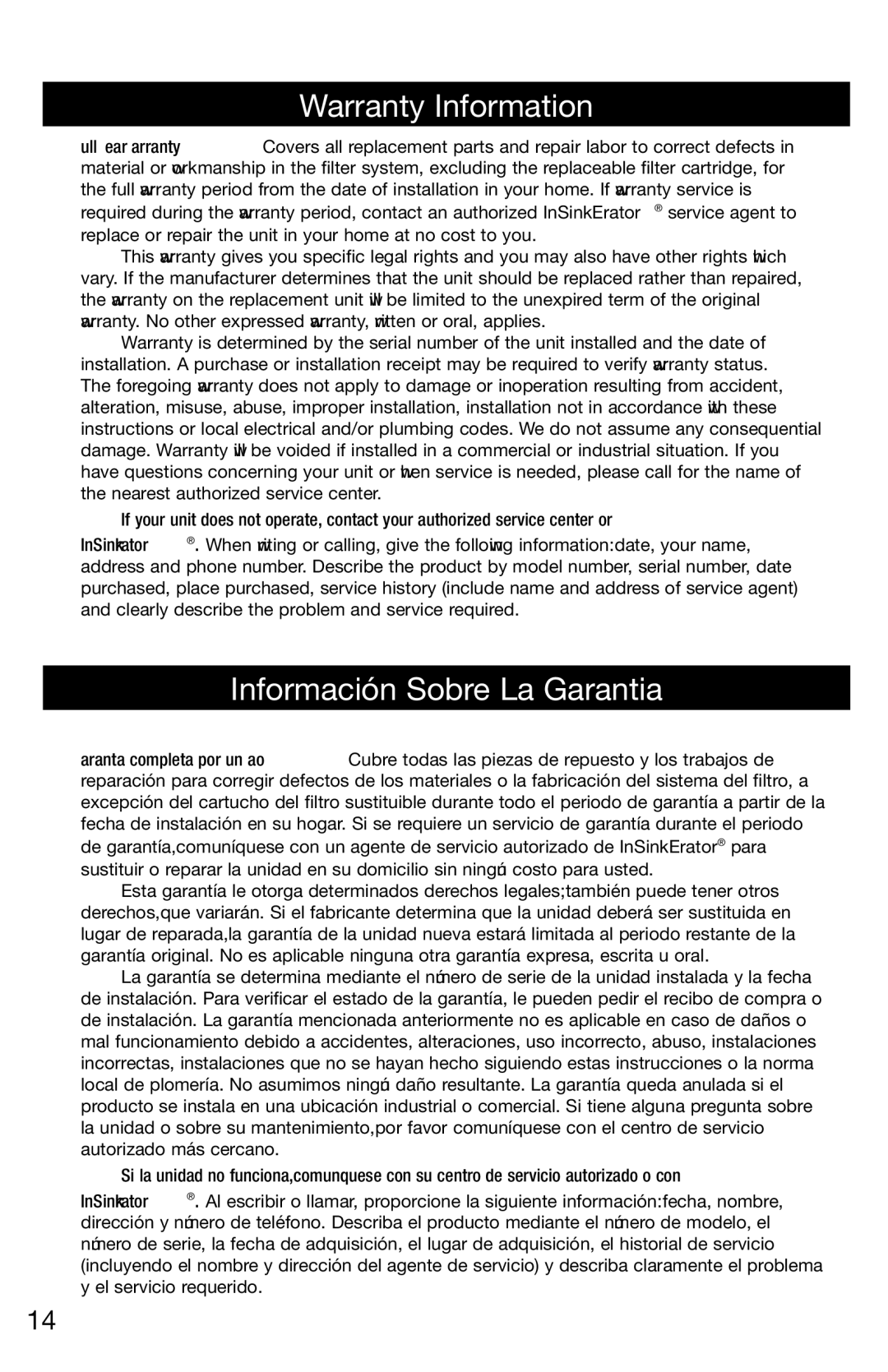 InSinkErator F-201R installation instructions Warranty Information 