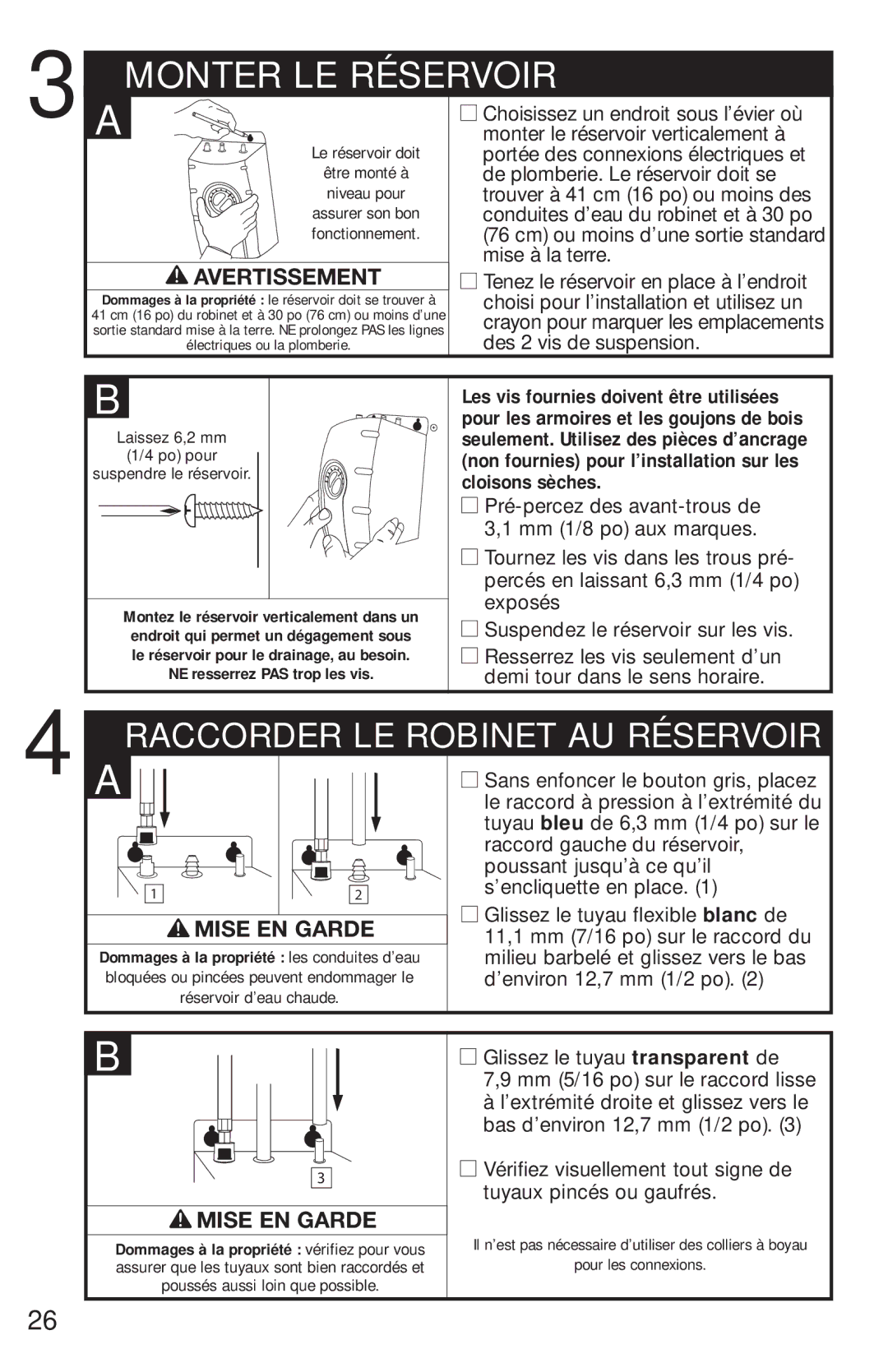 InSinkErator FAUCET owner manual Monter LE Réservoir, Avertissement, Le réservoir doit, Pour les connexions 