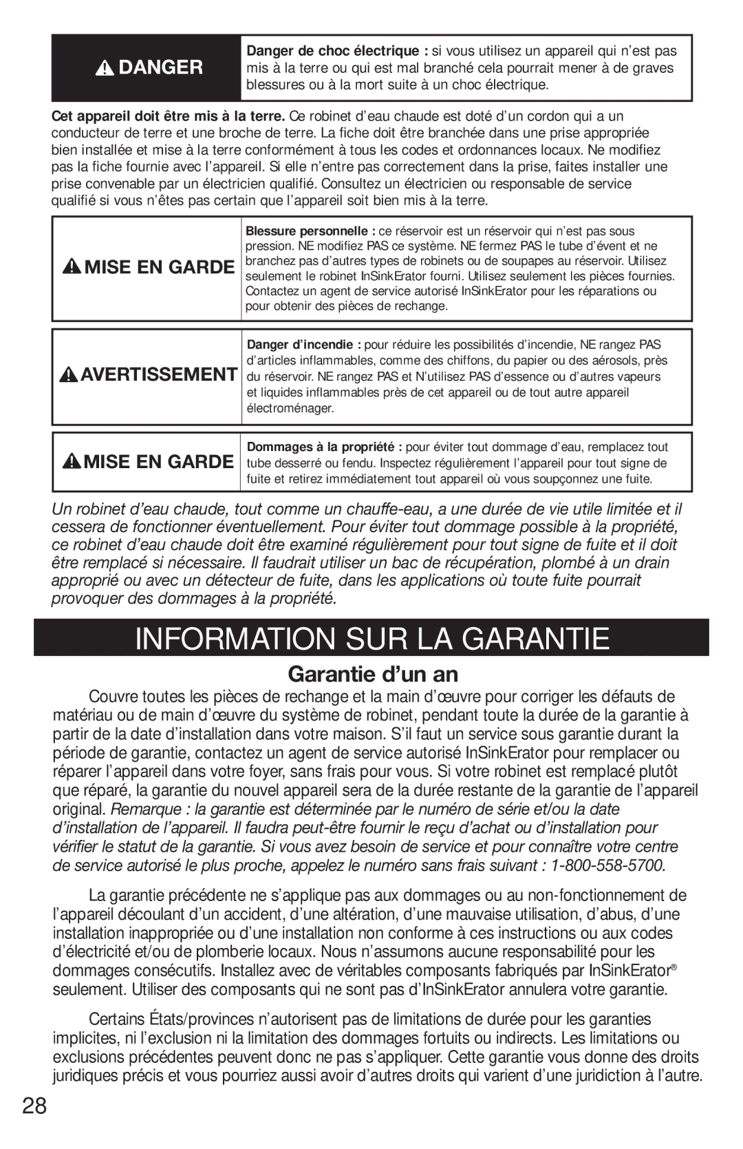 InSinkErator FAUCET owner manual Information SUR LA Garantie, Avertissement Mise EN Garde 